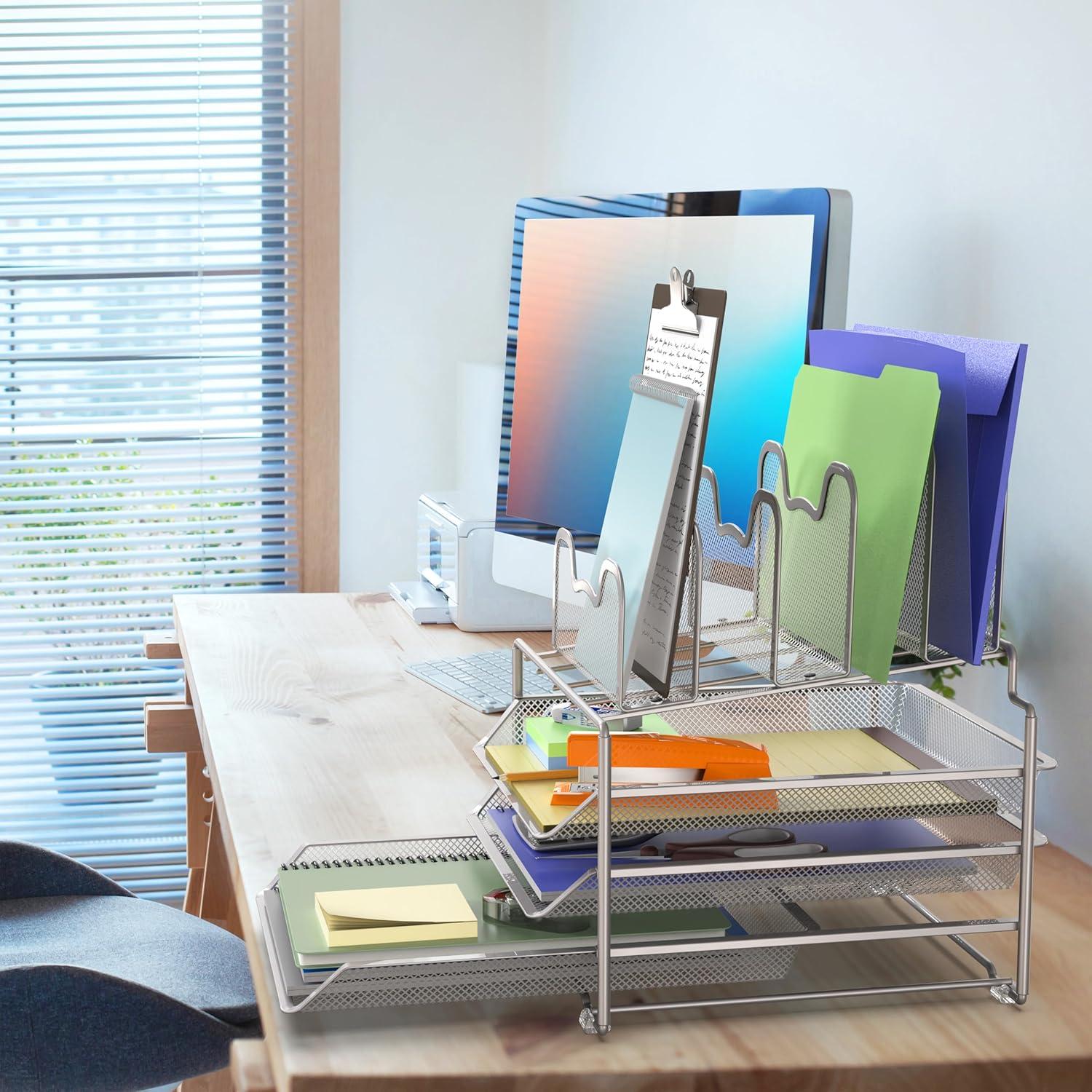 Simple Houseware Desk 3 Sliding Tray and 5 Stacking Section Organizers, Silver