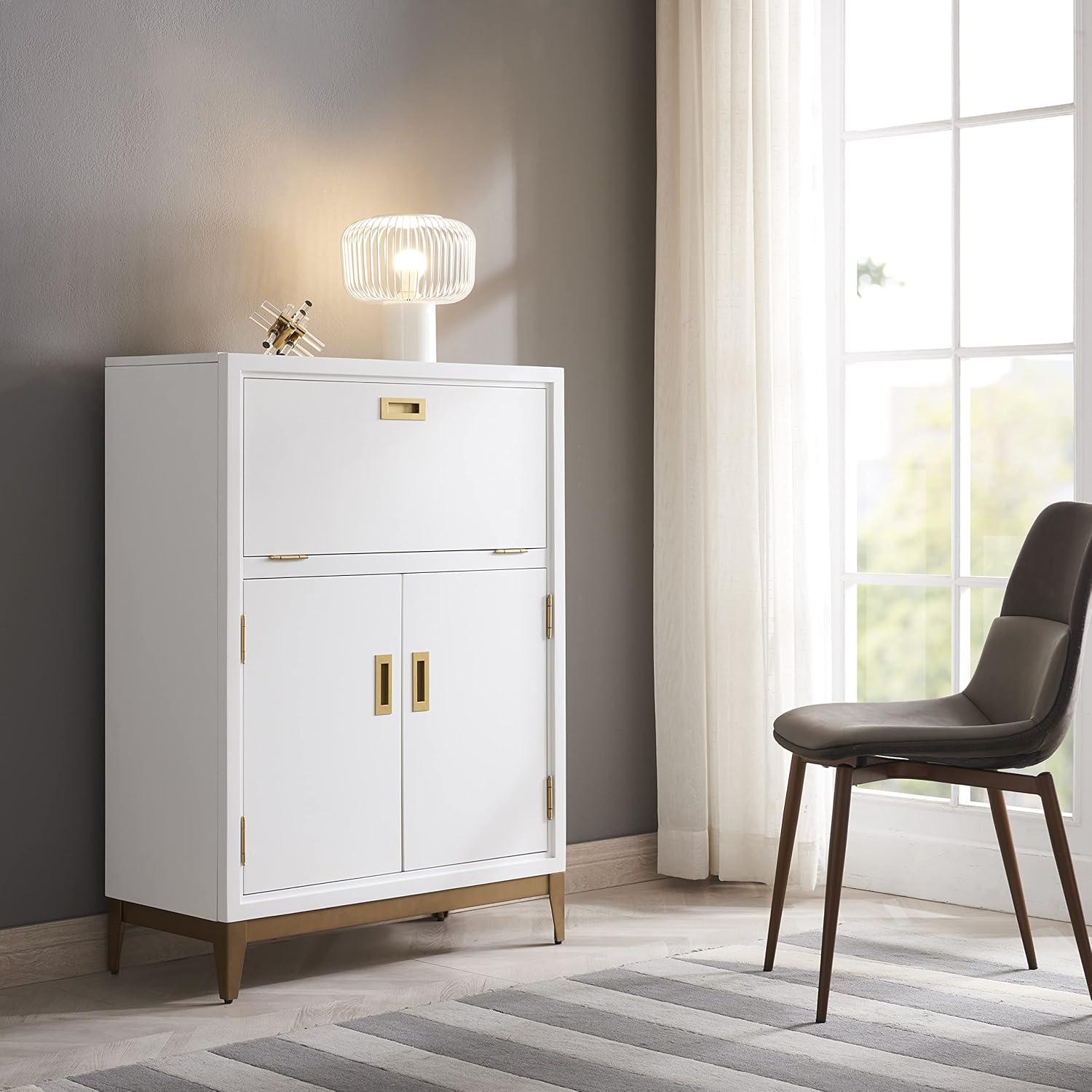 Elegant White and Gold Drop-Lid Hideaway Desk with Storage