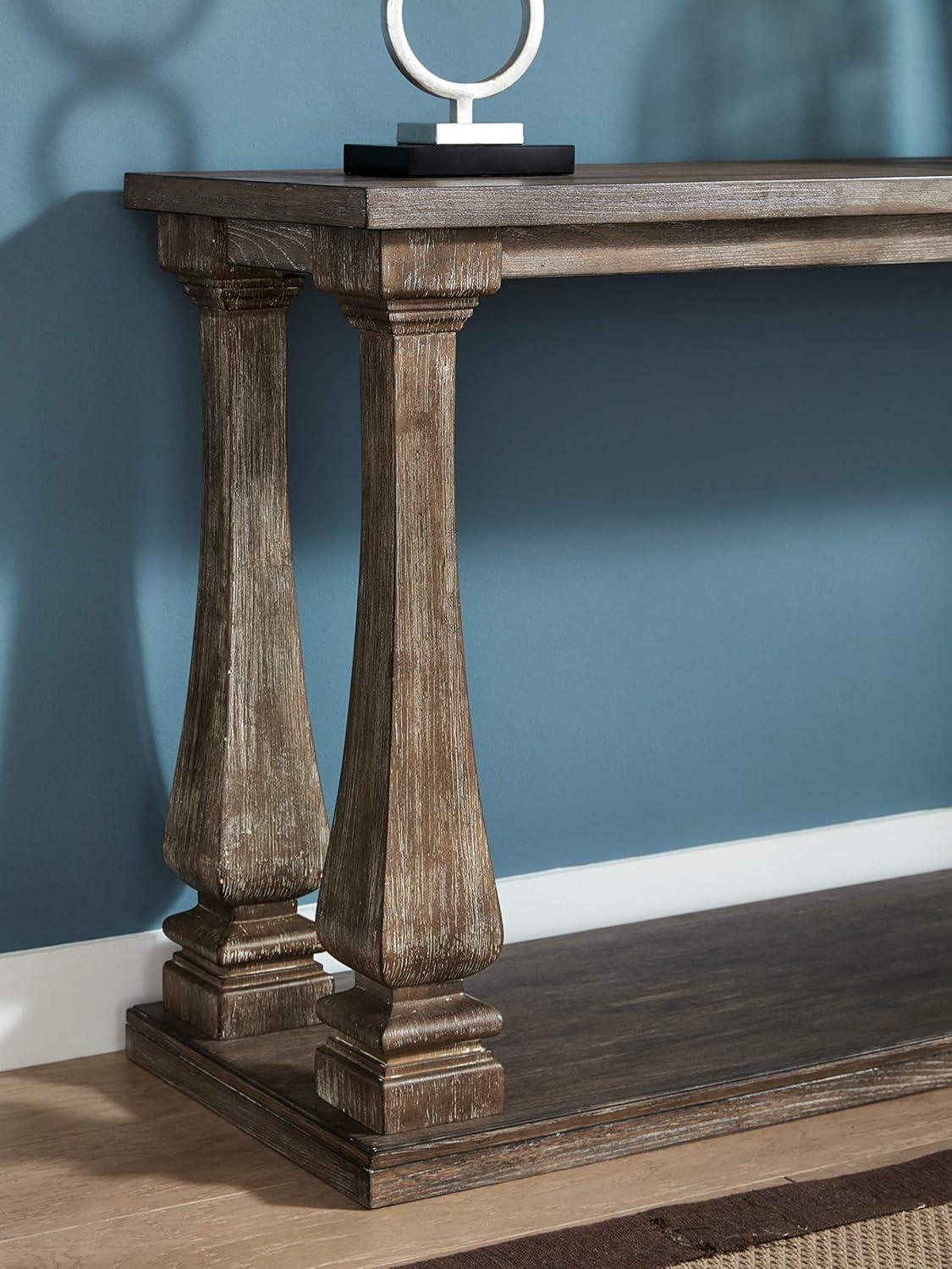 Johnelle Sofa Table Gray: Distressed Elm Veneer, Square Baluster Legs - Signature Design by Ashley