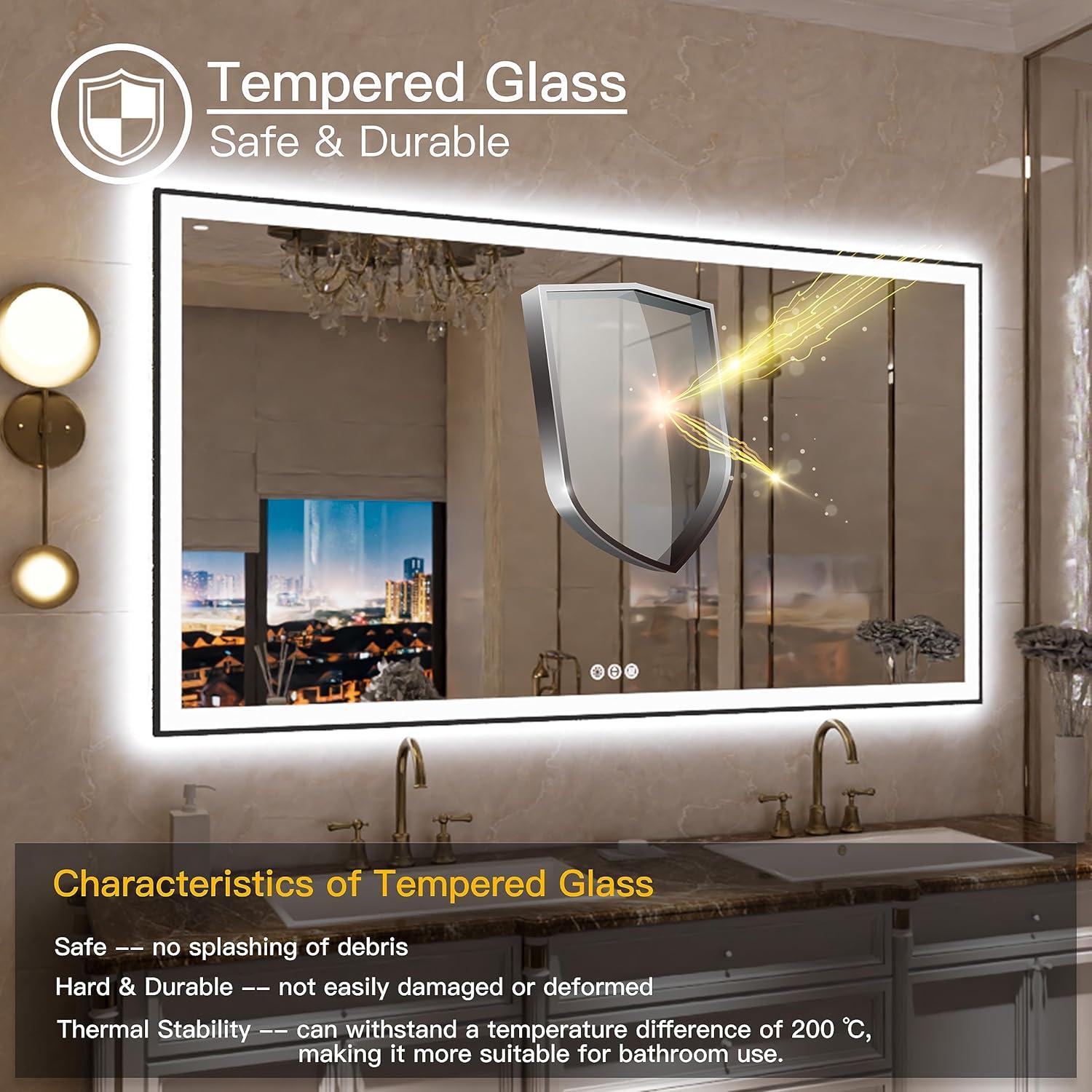 Large LED Bathroom Mirror 72x32 with Backlit and Front Lighted, Framed Dimmable Illuminated Mirror for Wall Anti-Fog Shatterproof (Horizontal/Vertical)