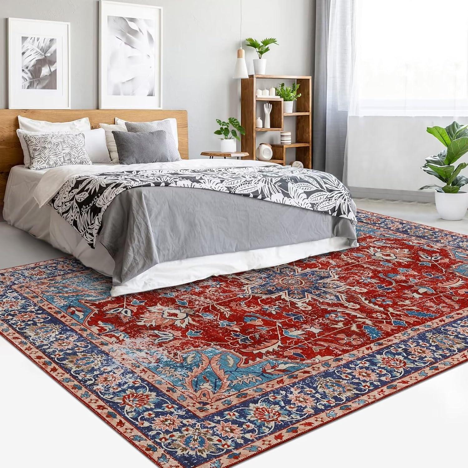 Red and Blue Floral Chenille 8' x 10' Washable Area Rug