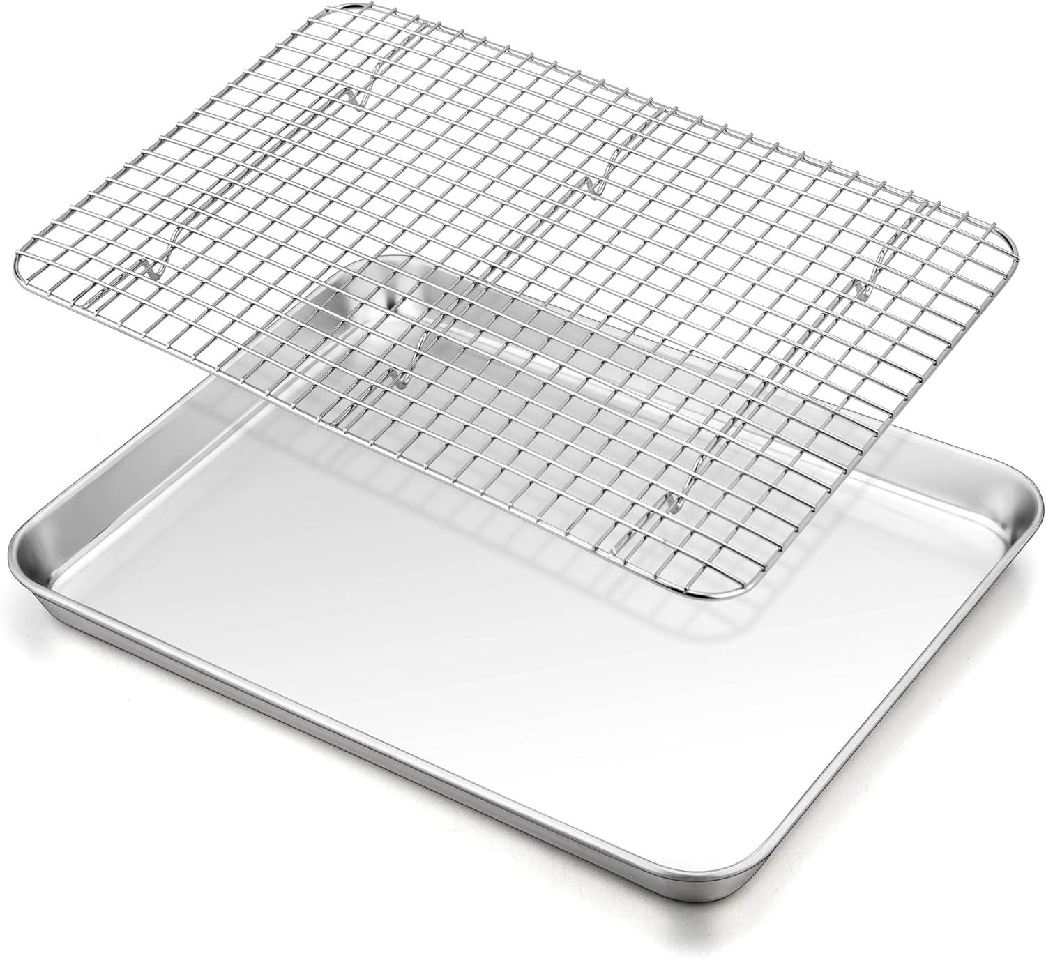 9.1 inch Baking Sheet and Rack Set Stainless Steel Baking Cookie Sheet Pan with Grid Rack for Cooking / Roasting / Cooling, Oven & Dishwasher Safe, Healthy & Durable