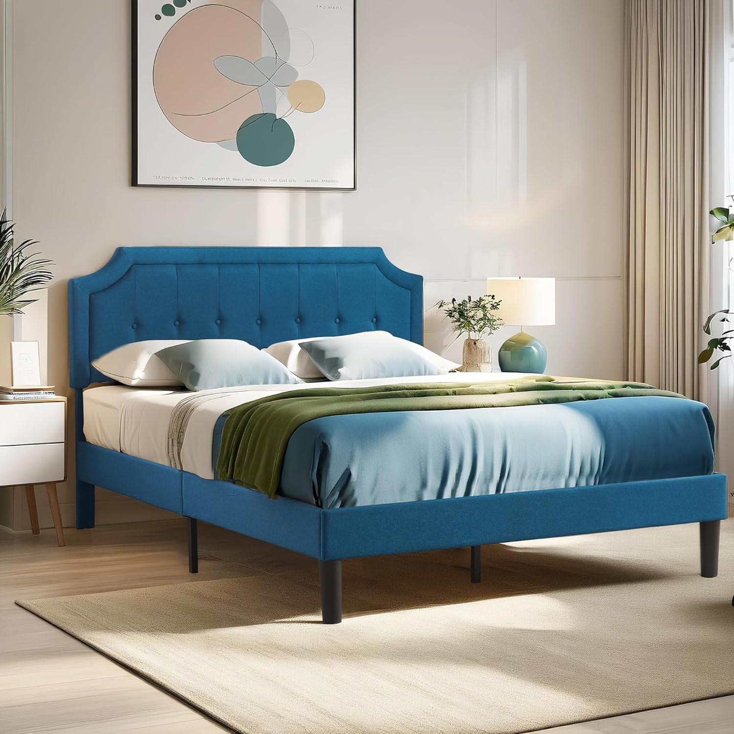 VECELO Queen Size Platform Bed Frame with Fabric Upholstered Headboard and Wooden Slats Support, No Box Spring Needed/Easy Assembly,Beige