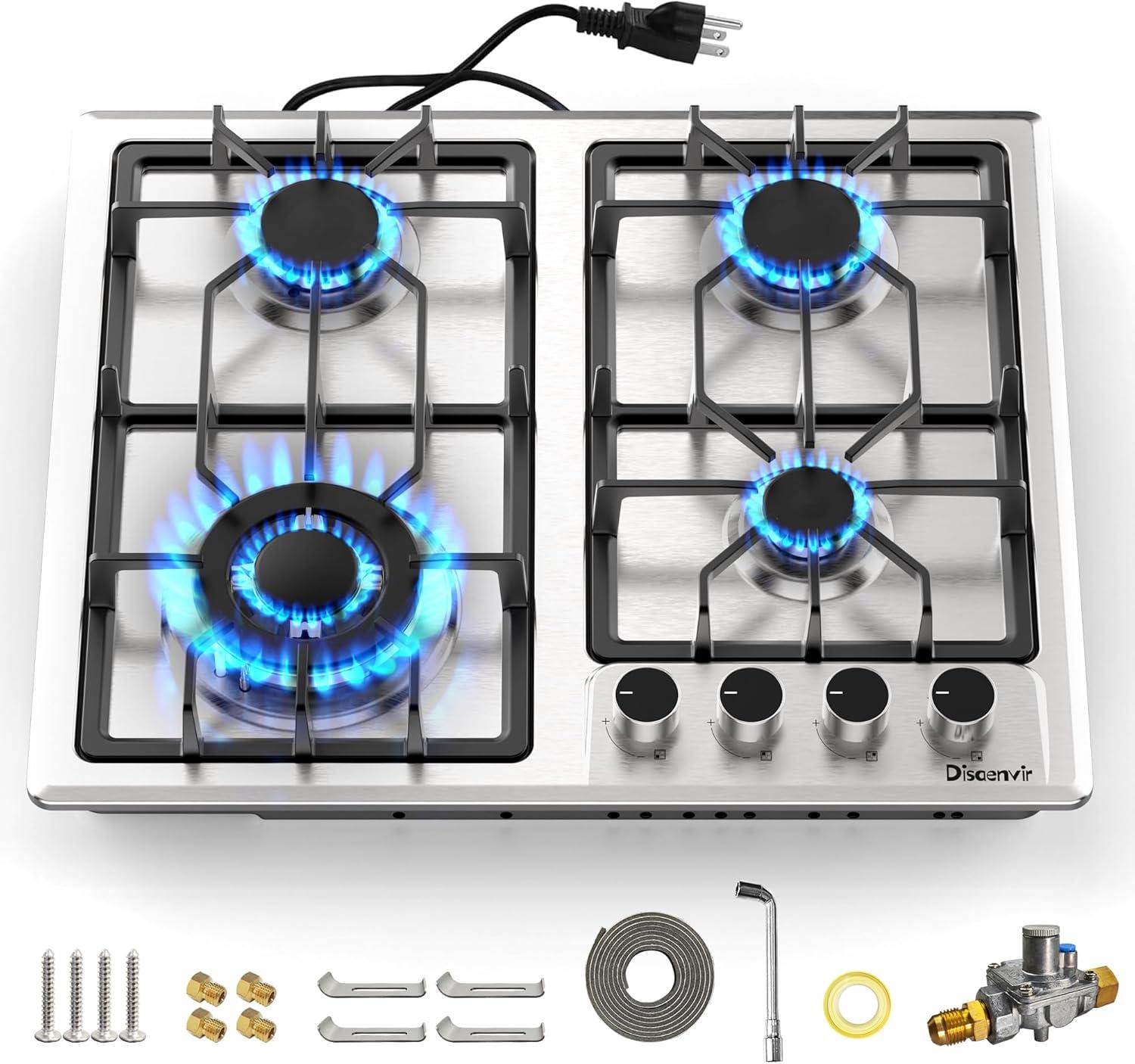 Weceleh Gas Cooktop 4 burner, 24 Inch Built in Gas Stove Top, Dual Fuel Propane Cooktops, NG/LPG Convertible, Stainless Steel High Power Gas Hob, Thermocouple Protection, Gas Range, Sliver