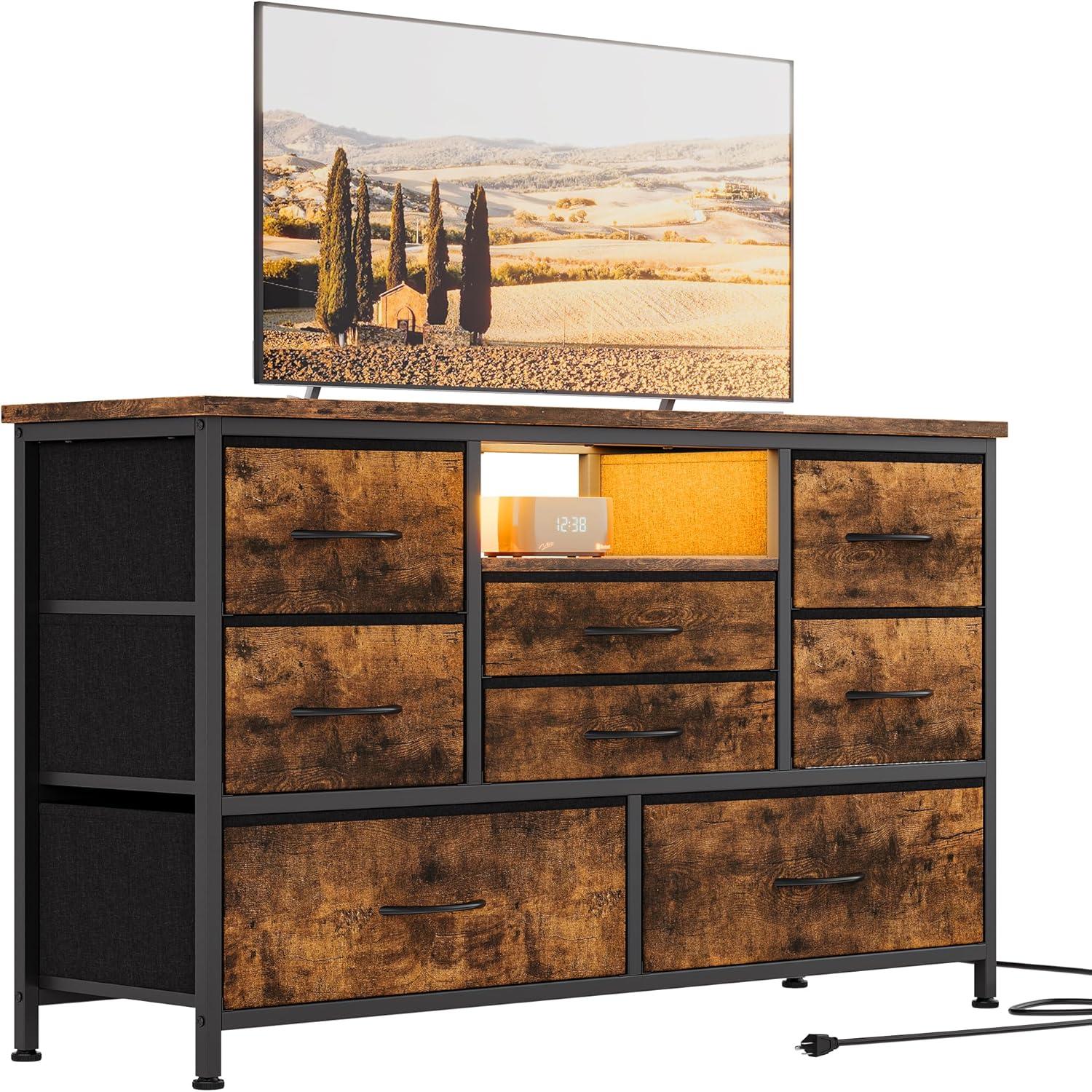 INDSUMOT 8 Dresser TV Stand with Power Outlet & LED for 55'' TV, Long Dresser for Bedroom with 8 Deep Drawers, Wide Console Table for Storage in Closet, Living Room, Entryway, Wood Top(Rustic Brown)