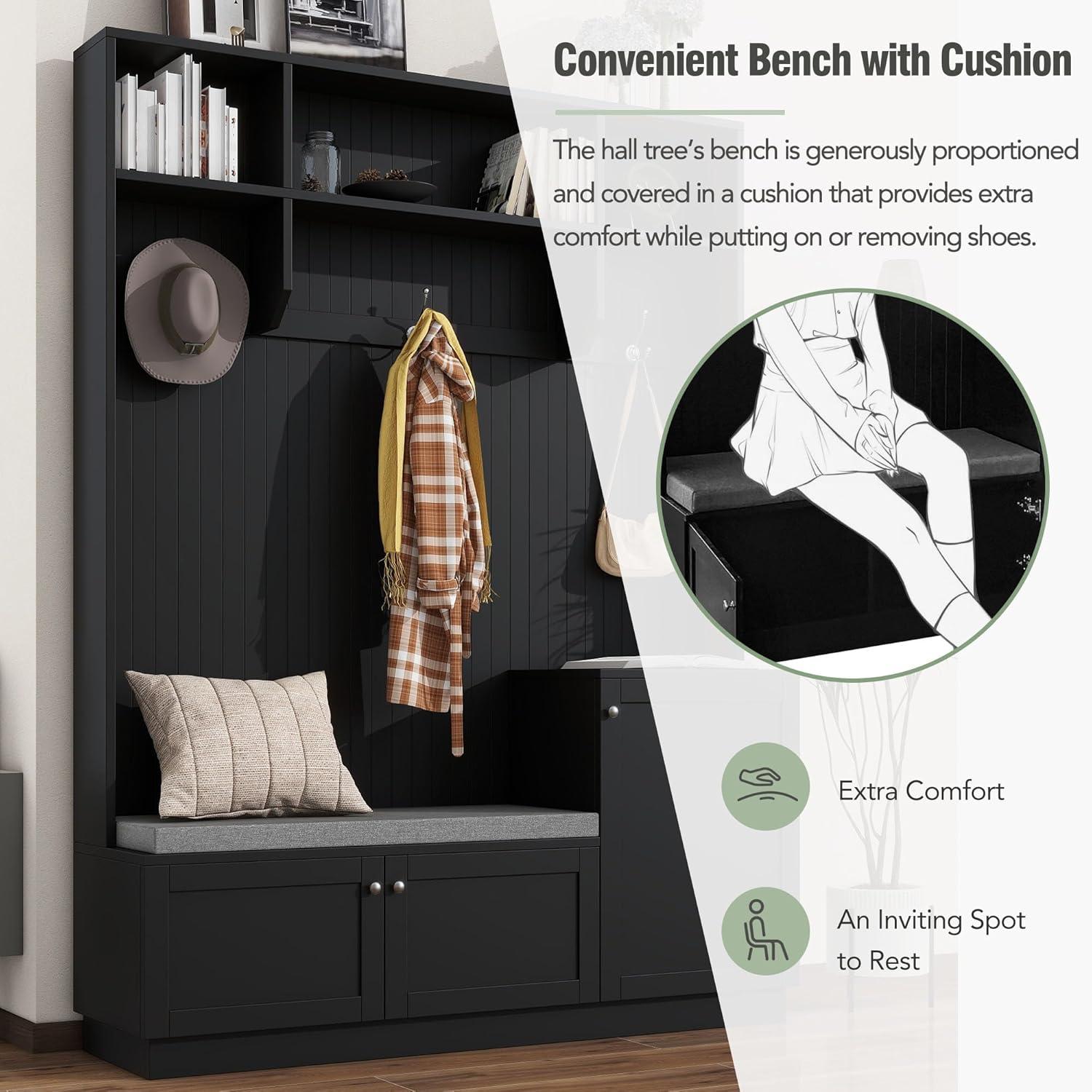 Black MDF Hall Tree with Bench, Cushion, and Storage