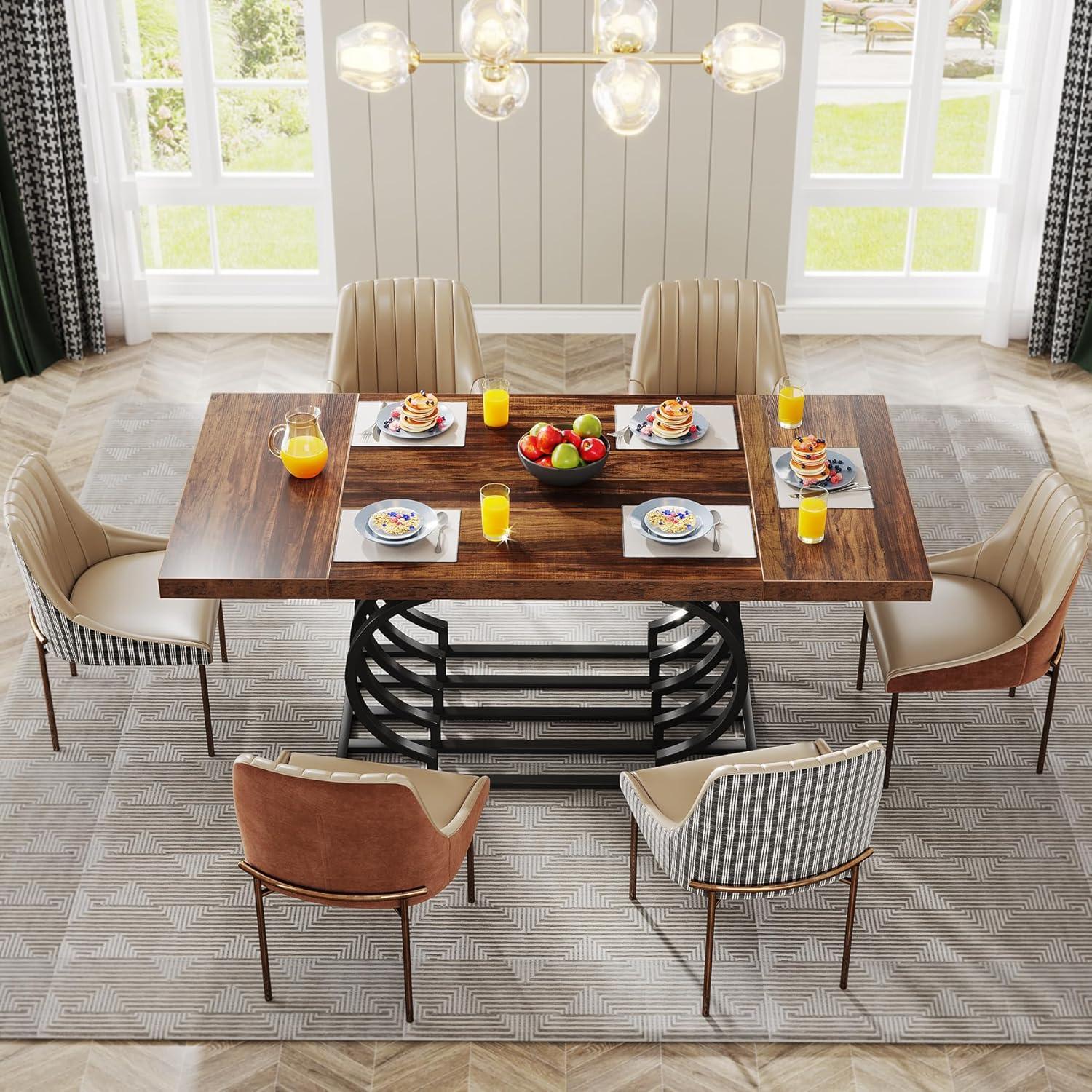 63" Brown Faux Marble Dining Table with Geometric Metal Base