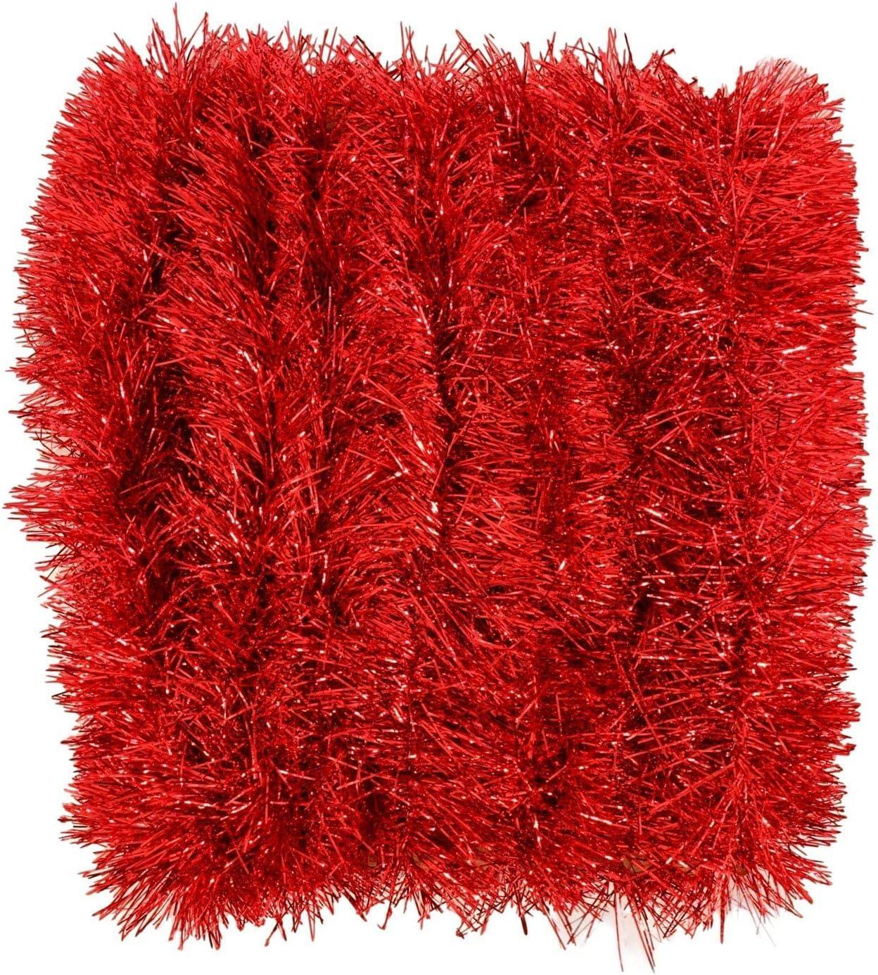 Tinsel Garland Metallic (2 Pack, 15 ft ea) Holiday Streamers Christmas Tree Decoration, Thin Strands (Red)