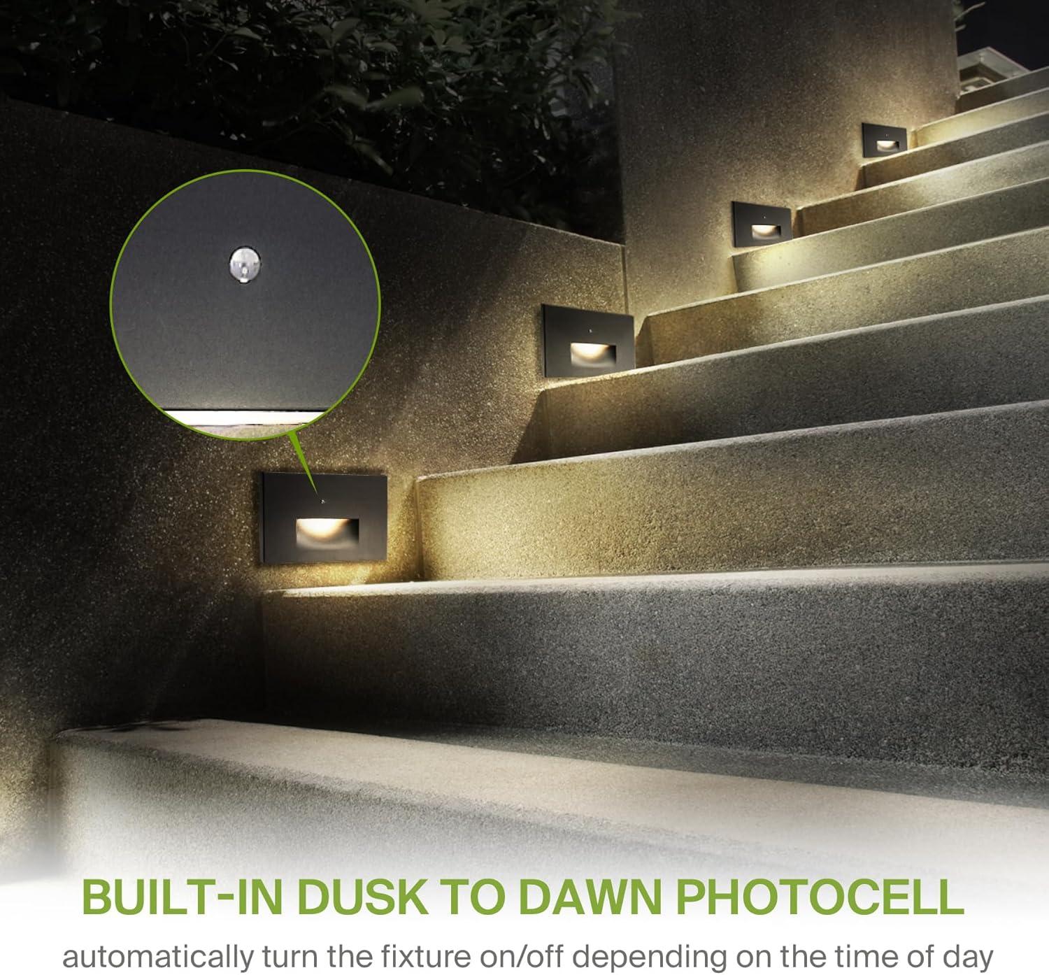 ASD LED Step Light Fixture | 3W 120LM 3000K-5000K 120V | 3CCT, Photocell, Waterproof, ETL Listed | Dusk To Dawn Stair Lamp, Outdoor Tread Lighting, Staircase Spotlight | Black, 4 Pack