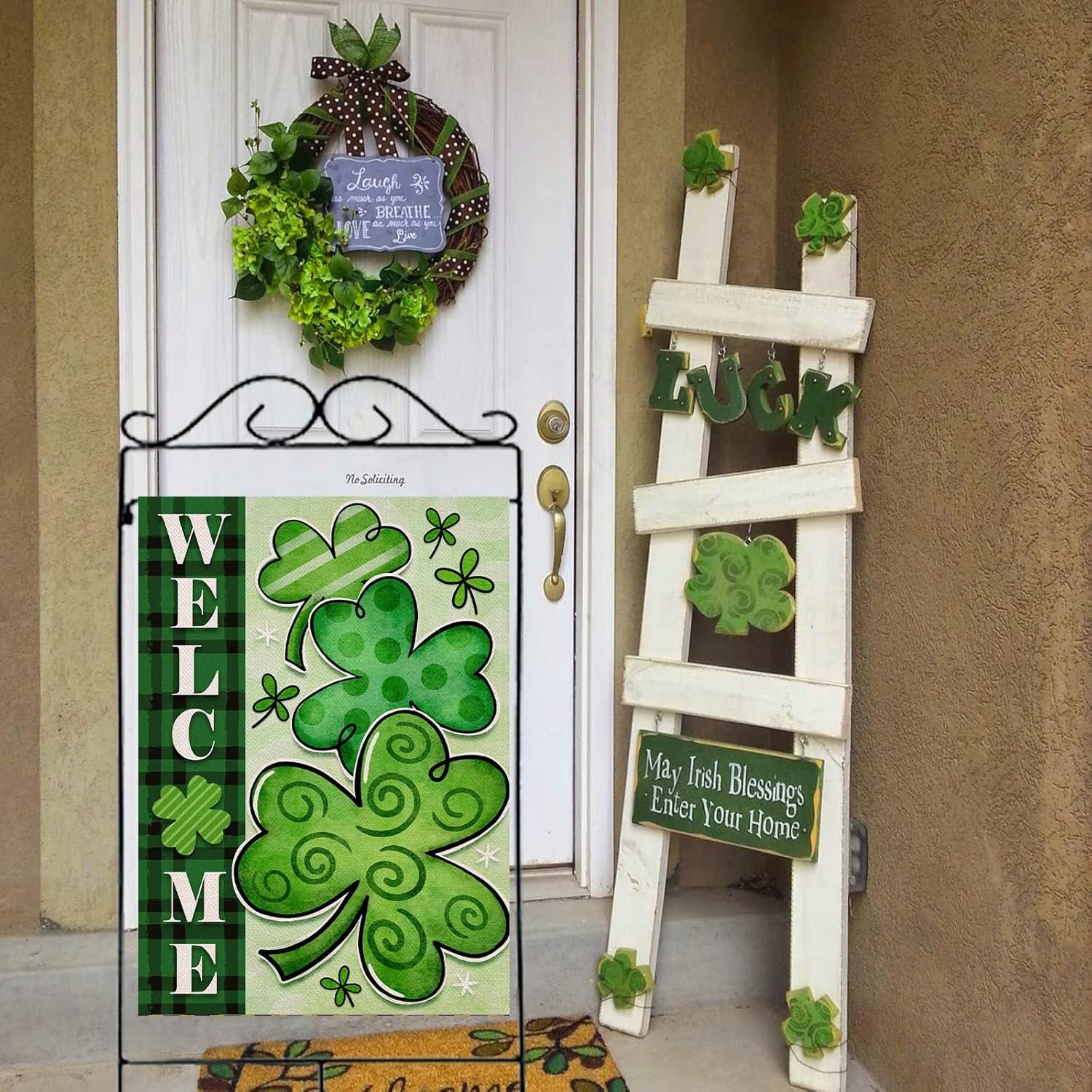 Shamrocks St. Patrick's Day Burlap House Flag Welcome 28" x 40" Briarwood Lane