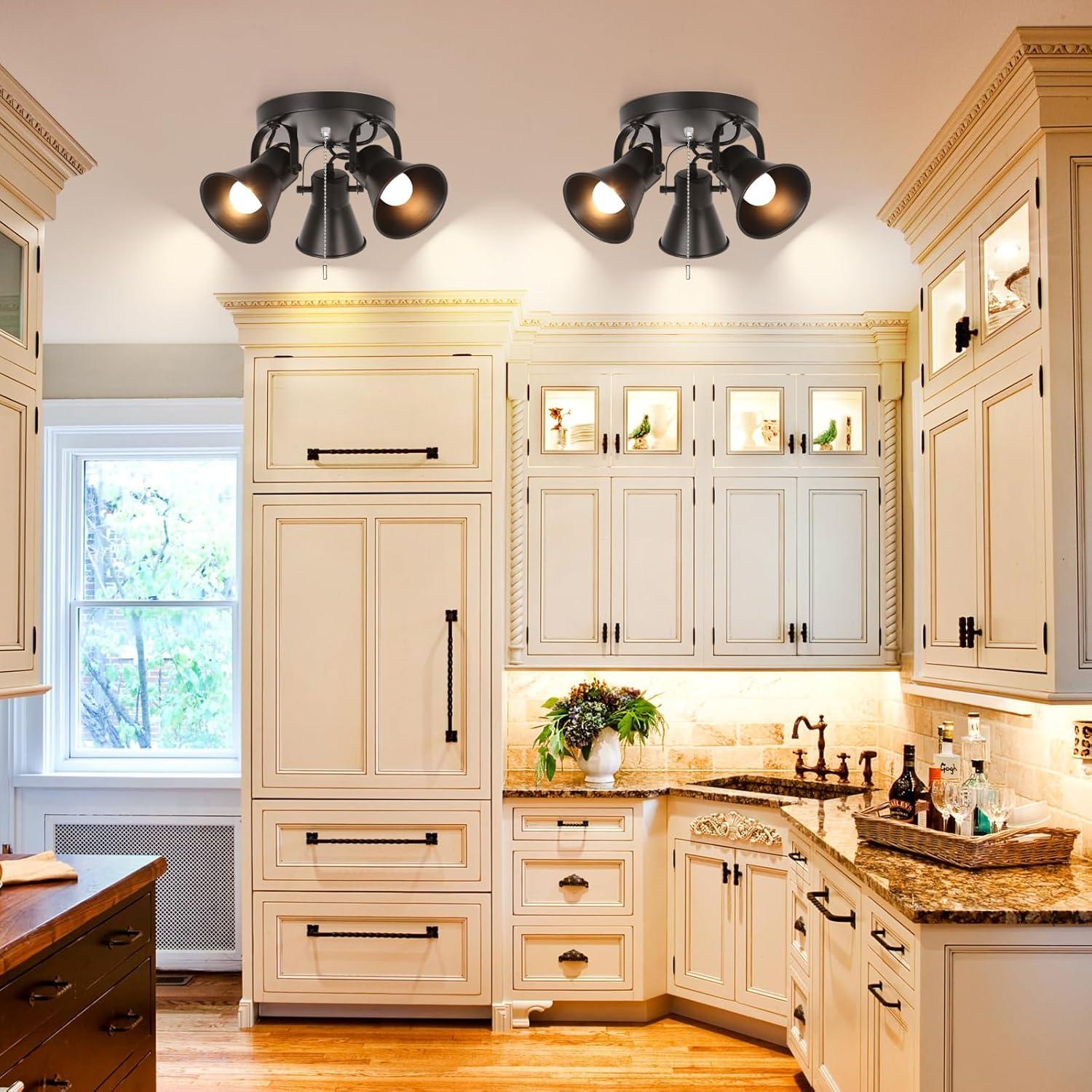 SEEBLEN 3-Light Industrial Track Lighting, Adjustable Round Kitchen Ceiling  Light, Morden Black Flush Mount Directional, image size:1500x1500