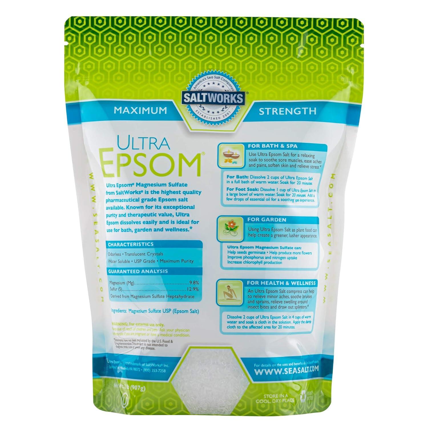 Saltworks Ultra Epsom Salt Therapeutic, Natural Soaking Solution, 2 lb. Pack