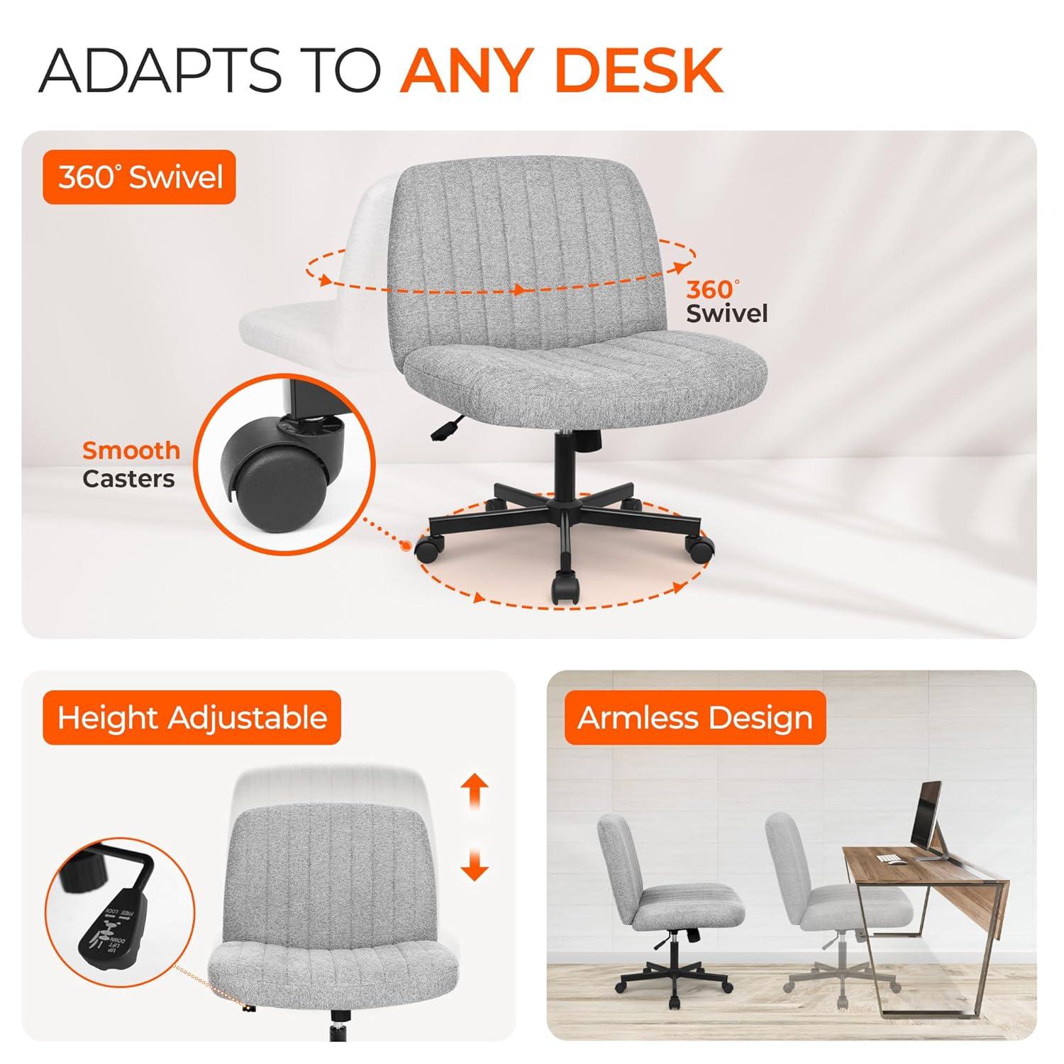 Orange Factory Criss Cross Chair with Wheels, Armless Cross Legged Office Desk Chair, Wide Comfy Vanity Rolling Swivel Modern Comfortable Fabric Computer Task Chairs for Home Office (Grey)