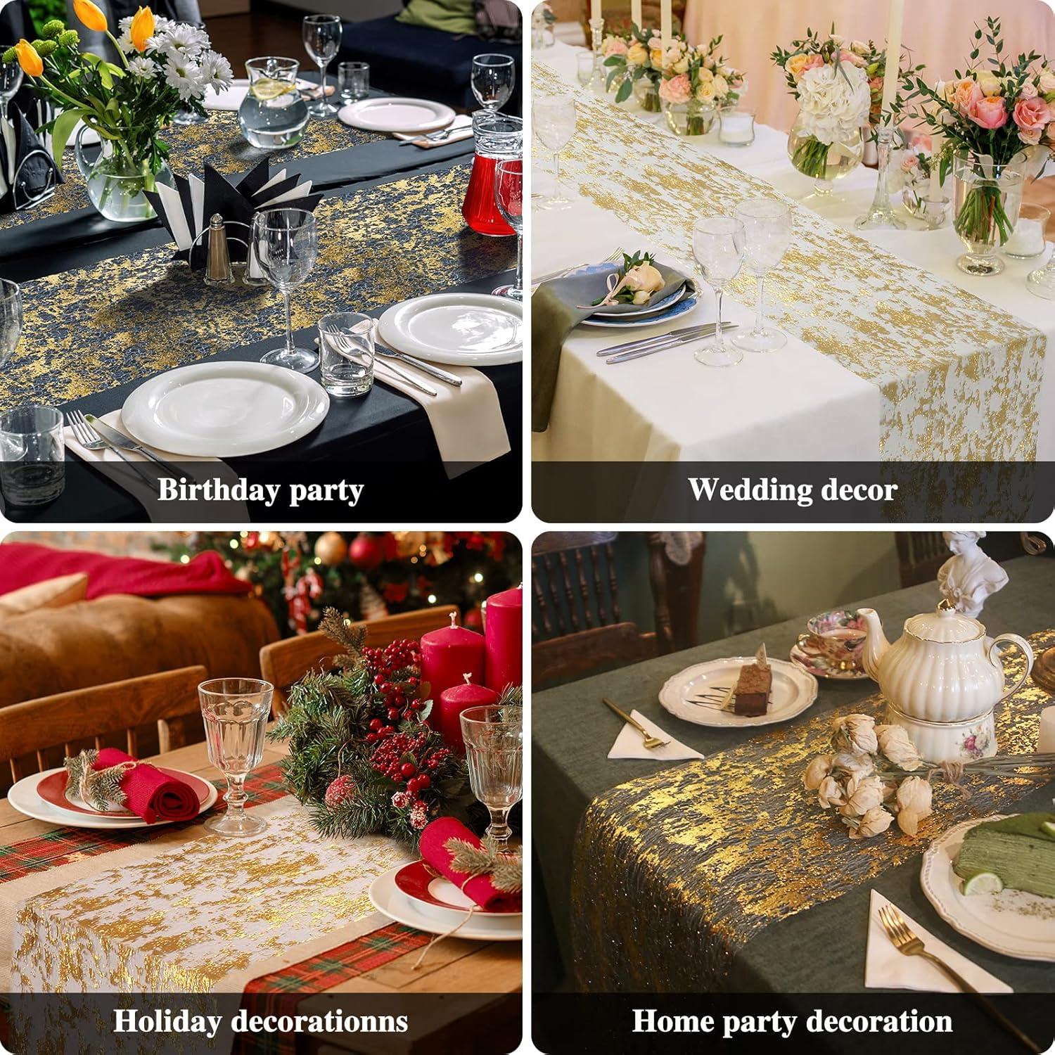 Glitter Metallic Gold Foil Mesh Table Runner - 11 inch x 32 Feet | Elegant Table Decor | Durable Polyester Fiber | Easy to Cut | Enhance Home Decoration