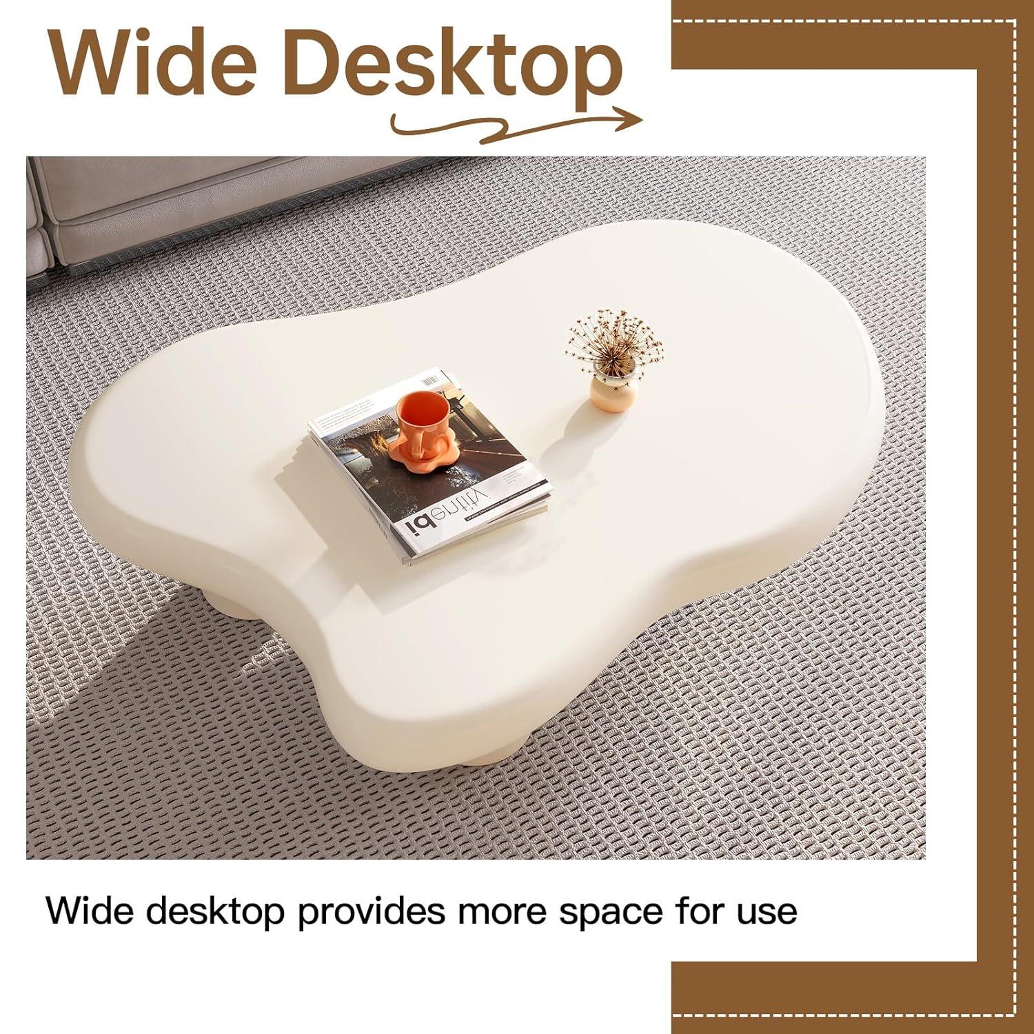 Guyii 41.02" Cream White Cloud Coffee Table, Irregular Coffee Table with 3 Legs for Living Room, Office