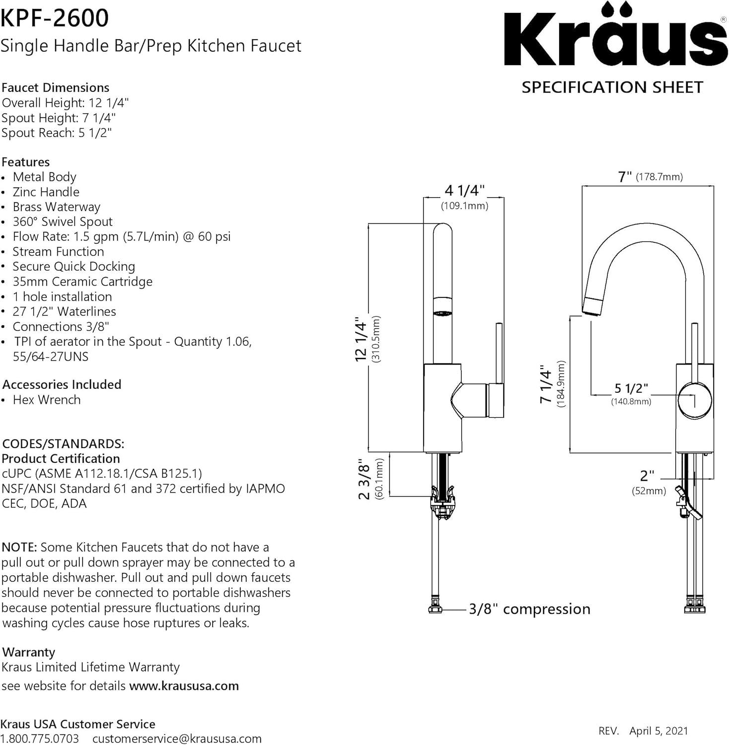 Kraus Oletto™ Single Handle Kitchen Bar Faucet KPF-2600SFACB