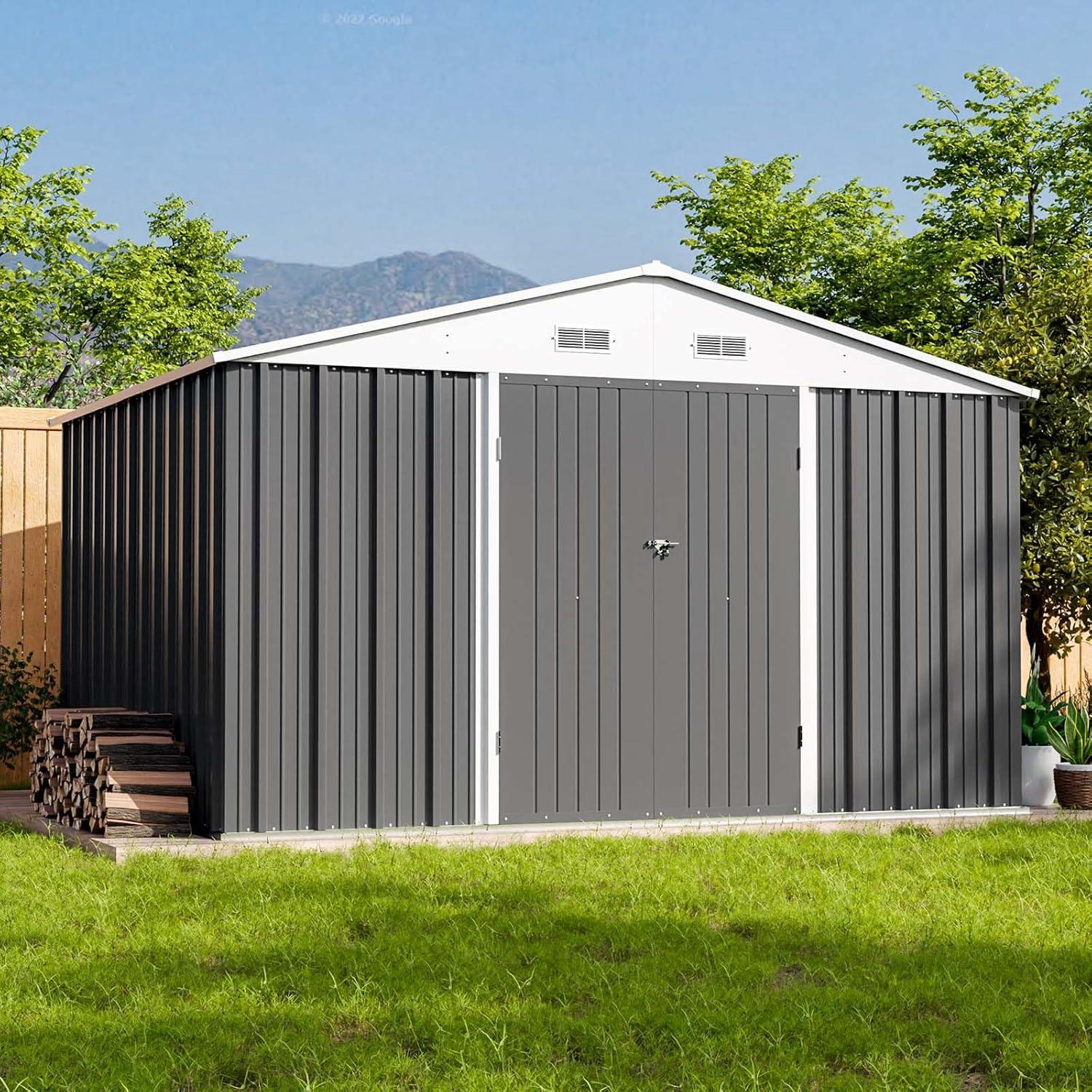 Patiowell  10 x 8 ft. Outdoor Storage Metal Shed with Sloping Roof and Double Lockable Door, Gray