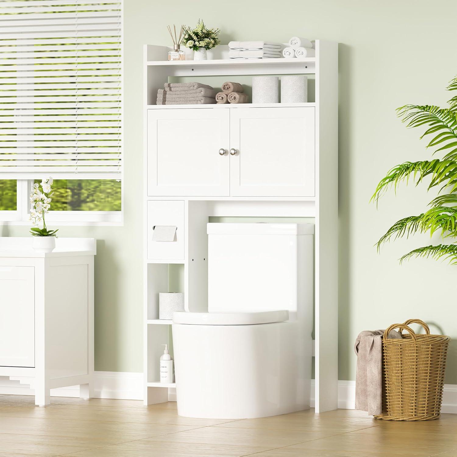 White Adjustable Over-the-Toilet Storage Cabinet with Glass Doors