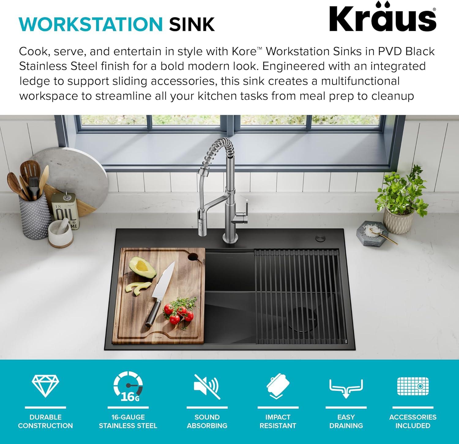 KRAUS Kore™ Workstation 33" L Top Mount Drop-In 16 Gauge Black Stainless Steel Single Bowl Kitchen Sink