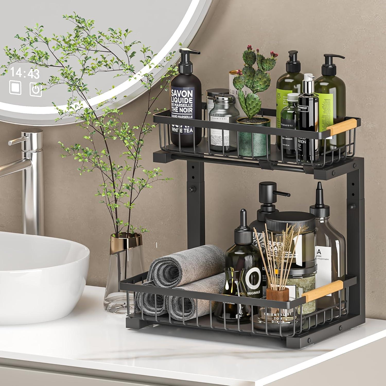 Rebrilliant Under Sink Organizer, 2 Tier Under Sink Organizers And Storage, Metal Slide Out Pull Out Cabinet Organizer ,2 Pack Sliding Drawer Organizer For Kitchen Bathroom Pantry