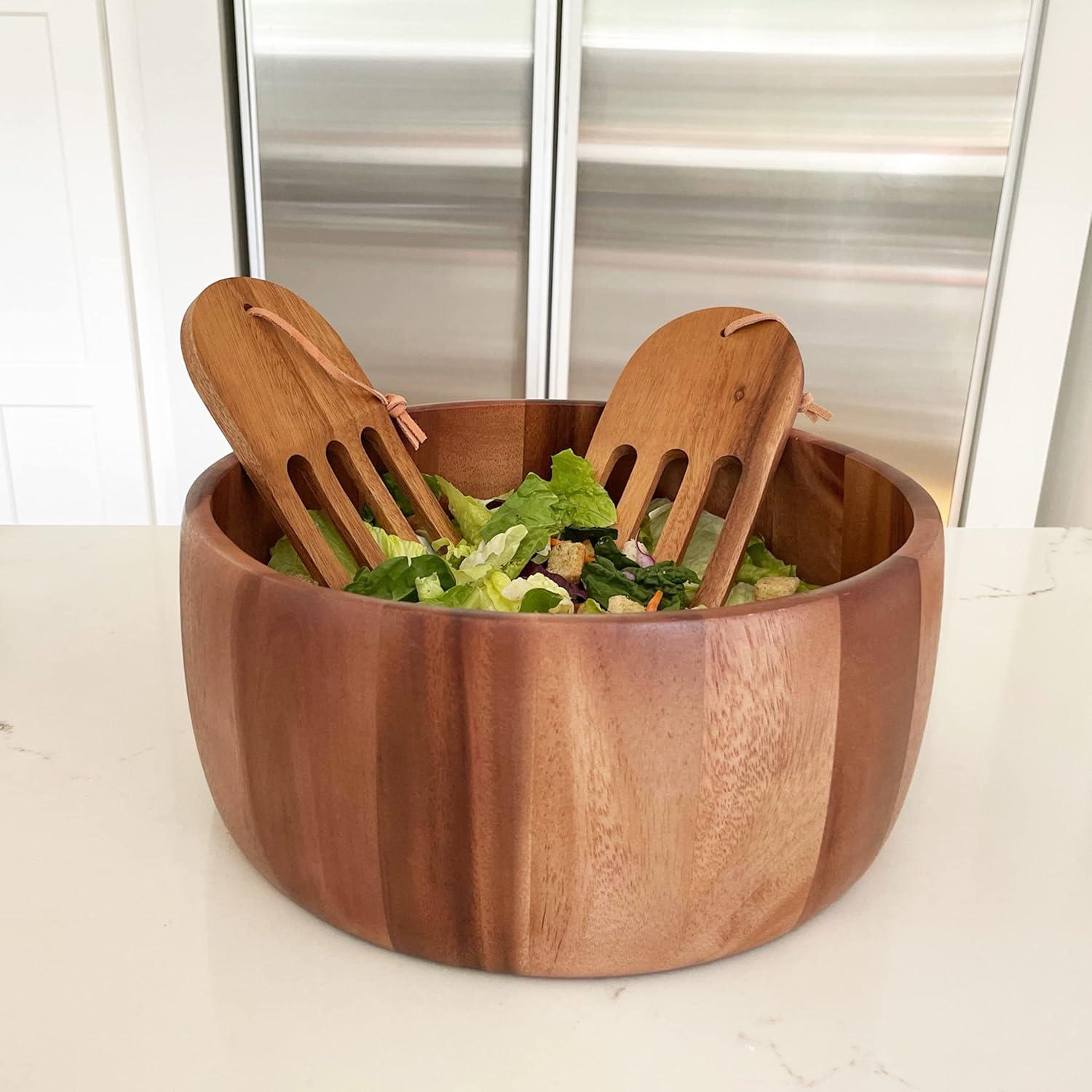 Acacia Wood 10" Salad Serving Bowl with Salad Hands