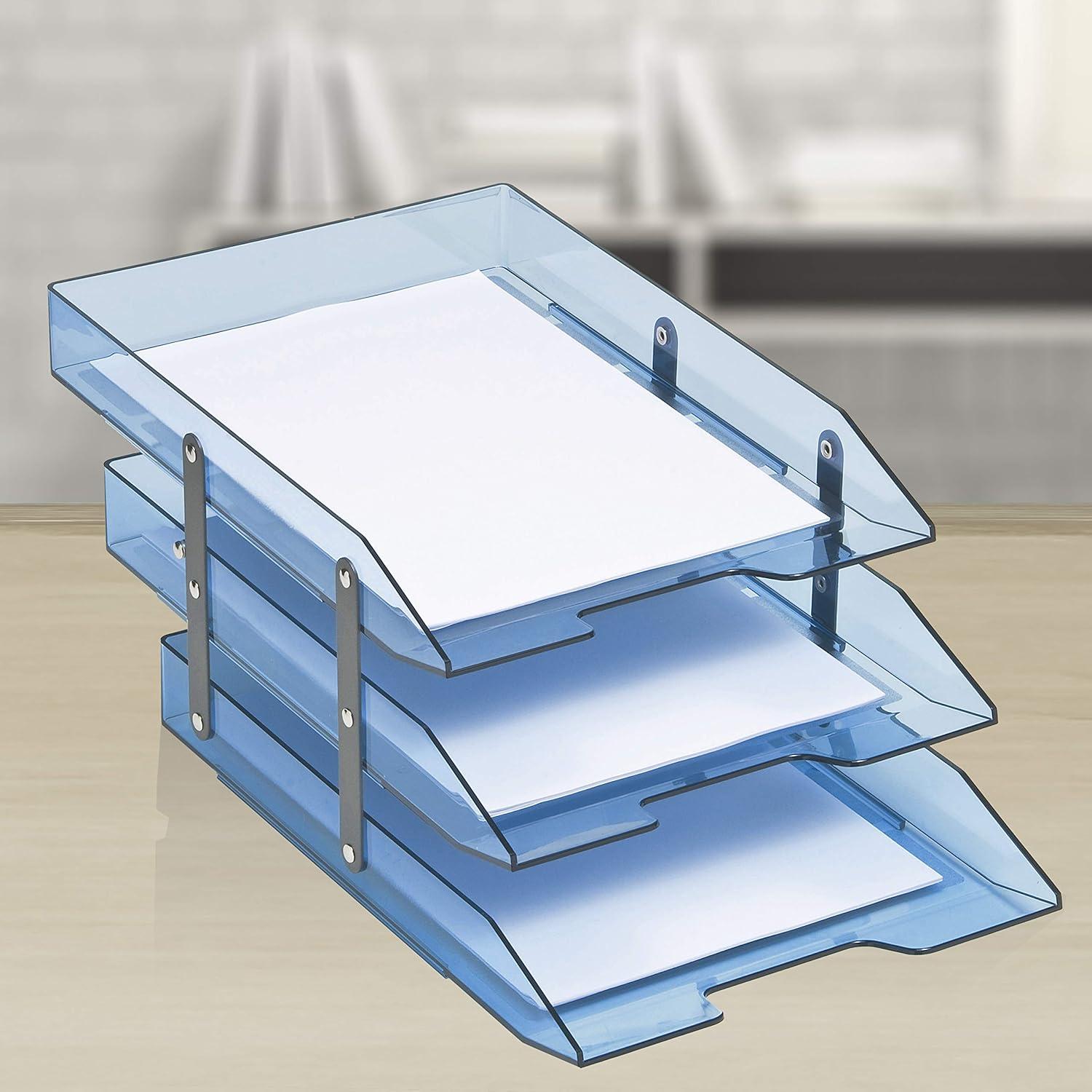 Acrimet Collapsible Articulated Letter Tray 3 Tier Plastic Desktop File Organizer (Clear Blue Color)