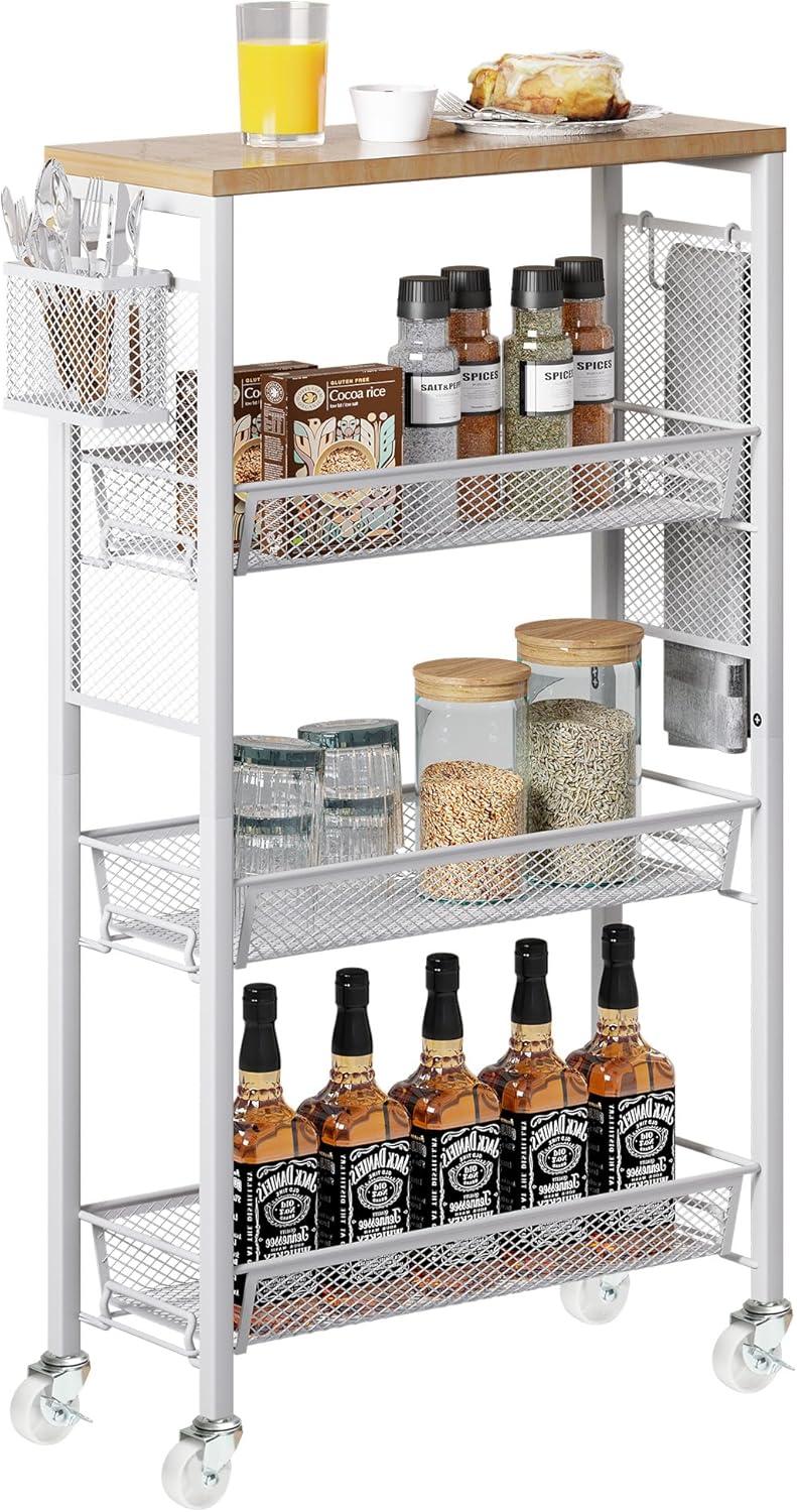 DWVO 4-Tier Slim Rolling Cart on Wheels, 34" Wooden Tabletop Kitchen Storage Organizer Cart with Wire Mesh Baskets, Slide-Out Storage Cart for Kitchen, Bathroom Living Room (White)