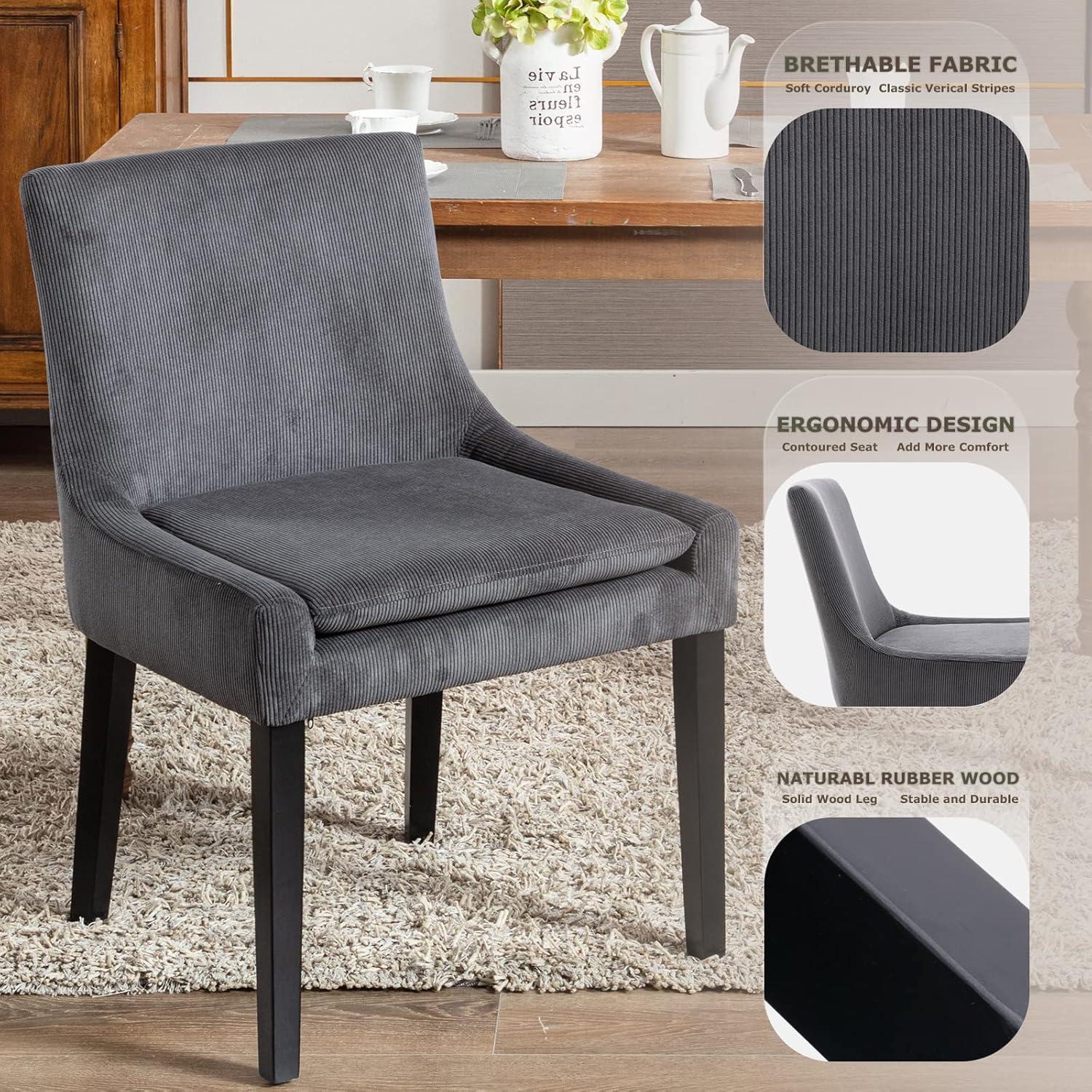 Dark Grey Corduroy Upholstered Side Chairs with Wood Legs, Set of 2