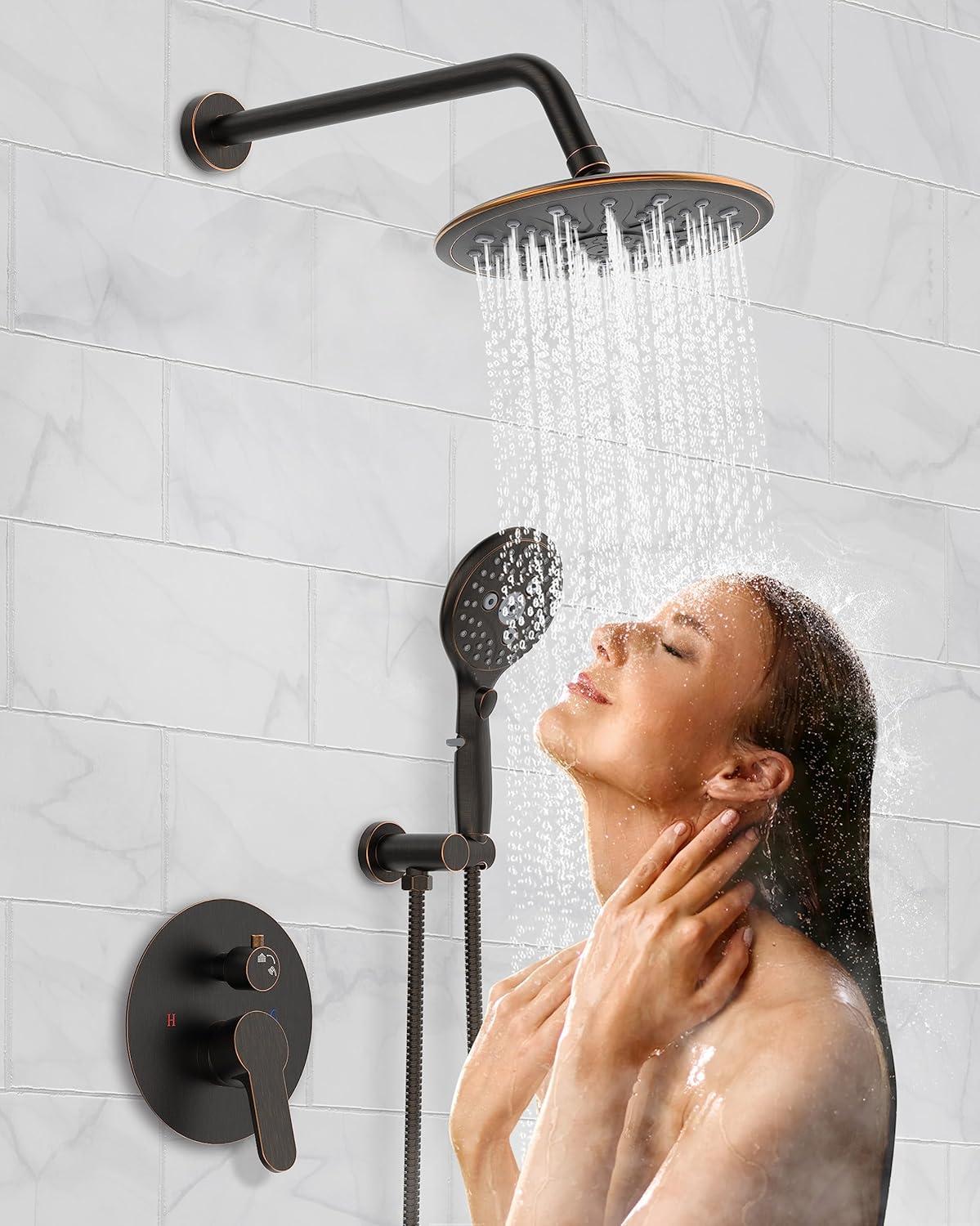 SunCleanse Oil Rubbed Bronze Shower System, Shower Faucet Sets Complete with Rain Shower Head and 7-Settings Handheld Shower Spray, Included Rough in Valve and Trim Kit