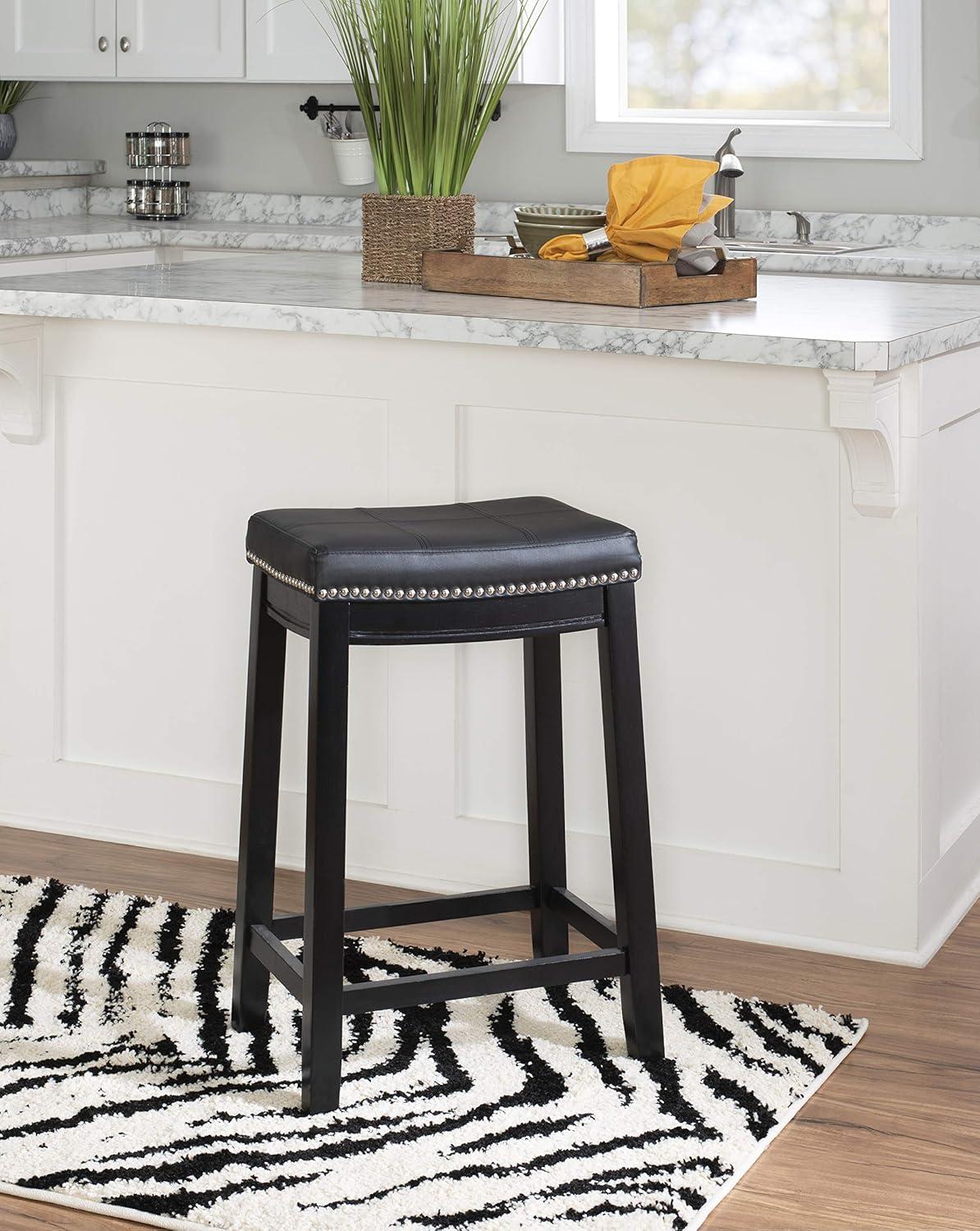 Linon Claridge Wood Backless Counter Stool Nailhead Trim Faux Leather in Black