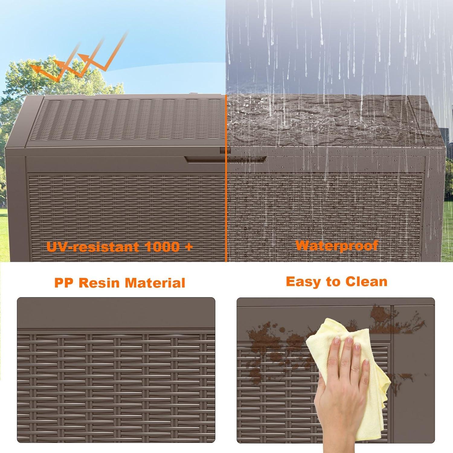 Drevy 100 Gallon Large Deck Box Waterproof Resin Outdoor Storage for Patio Furniture, Garden Tools, Pool Accessories and Toys (Brown)