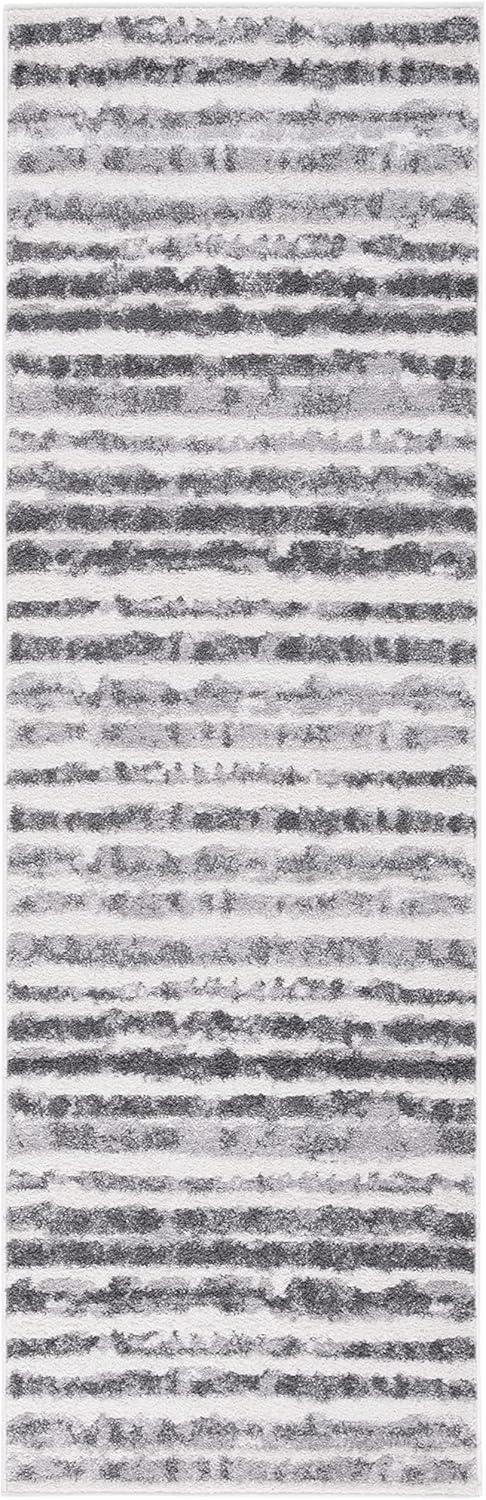 Ivory and Charcoal Striped Synthetic Modern Runner Rug