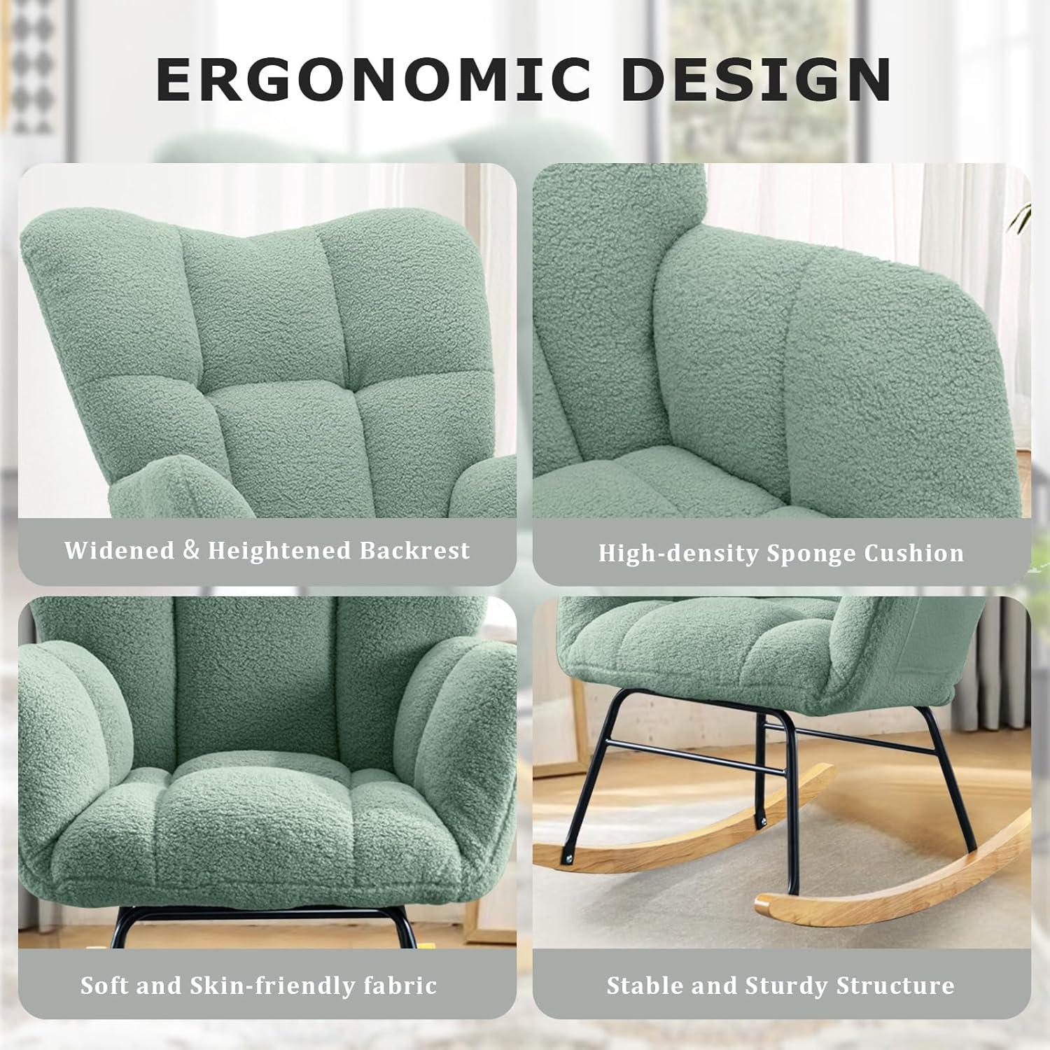 Nursery Rocking Chair Teddy, Upholstered Glider Rocker with High Backrest, Comfortable Stylish Accent Armchair with Padded Seat for Living Rooms, Bedrooms, Offices