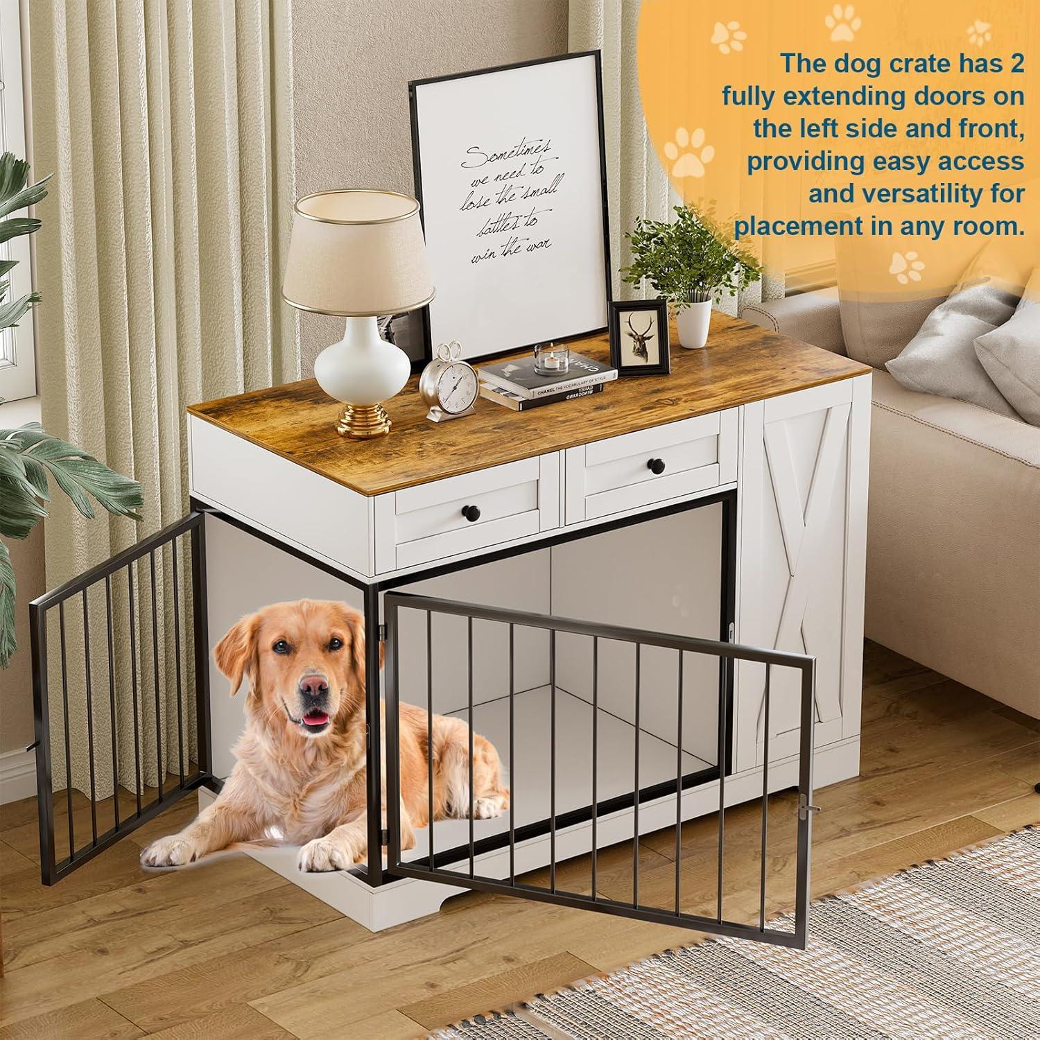 CABINAHOME Dog Crate Furniture Kennel with Double Doors Wooden Pet House with 2 Drawers and Pet Feeder Station Storage Cabinet, Indoor Dog Cage Farmhouse Modern Side End Table for Dogs, White