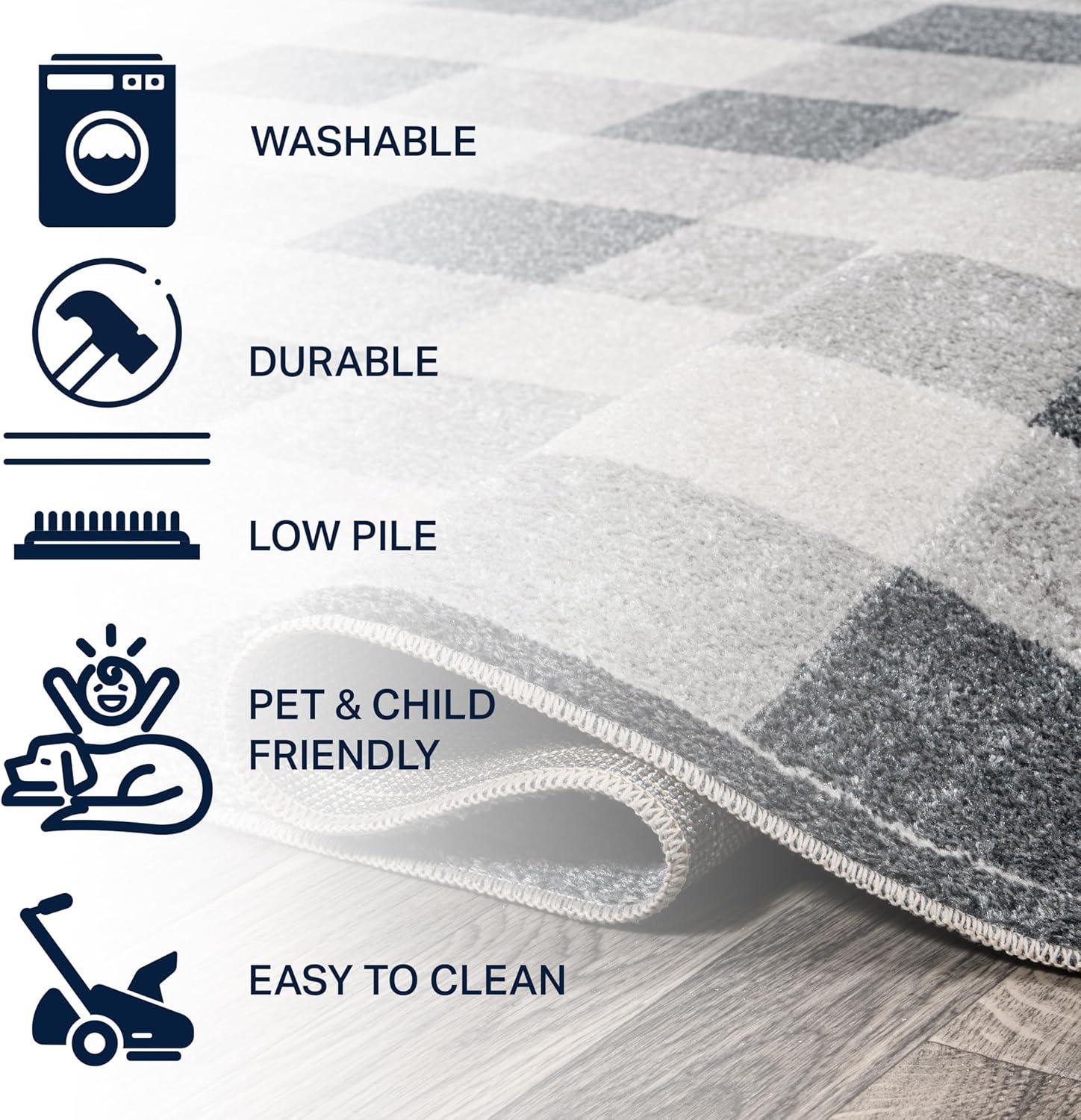 Gray Gradient Plaid Washable Synthetic Area Rug, 3 x 5