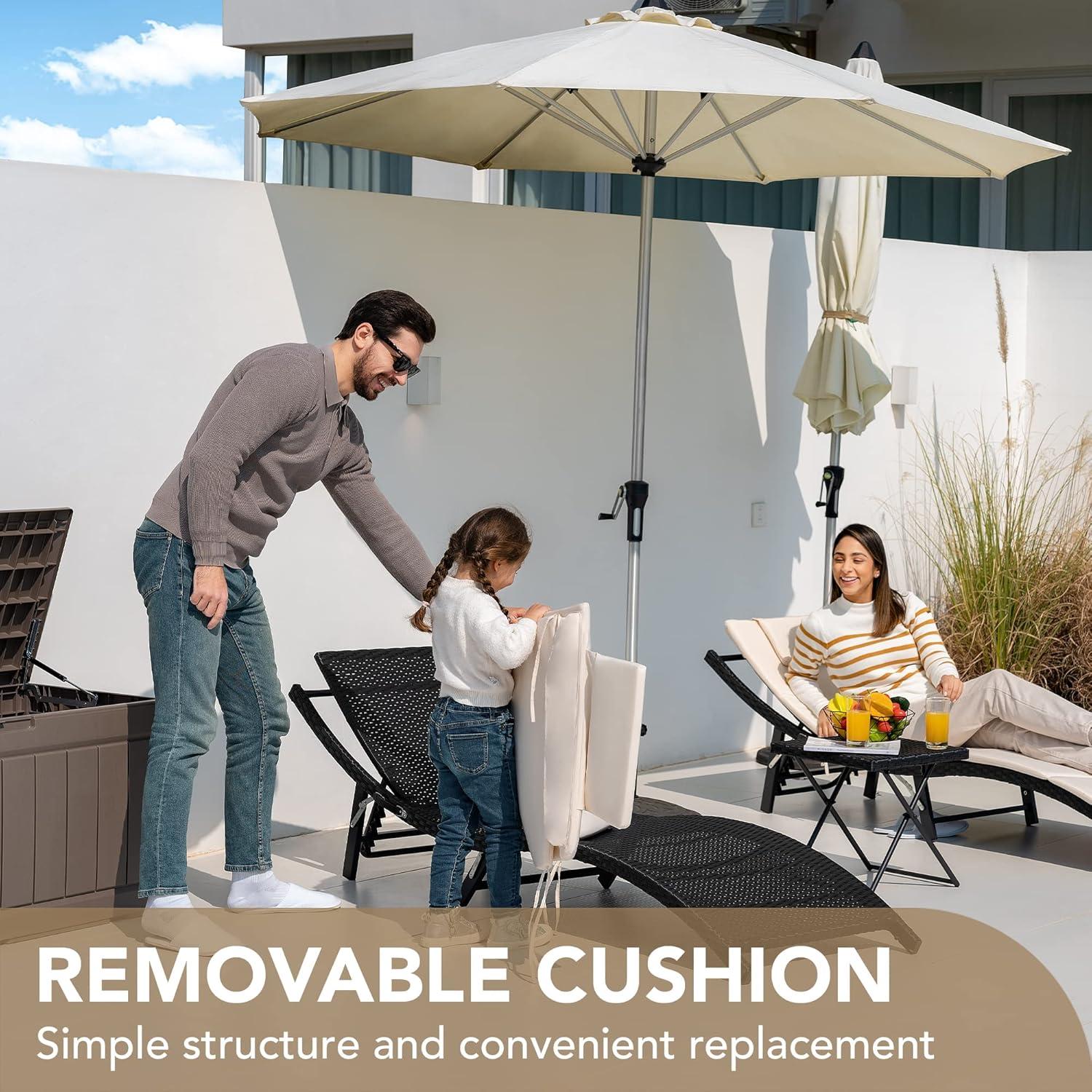 Devoko 3 Pieces Patio Lounge Chaise Chair Set Outdoor PE Rattan Folding Chair Sets with Table, Beige