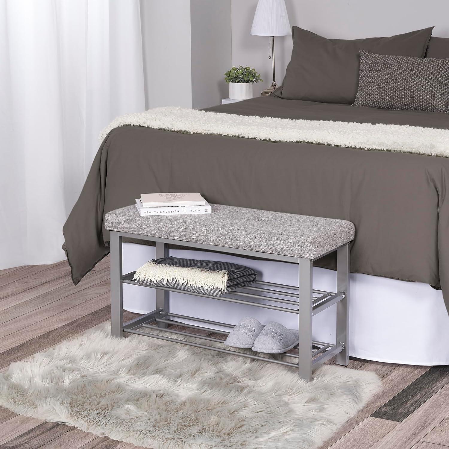 Gray Upholstered Storage Bench with Metal Frame and Shoe Racks