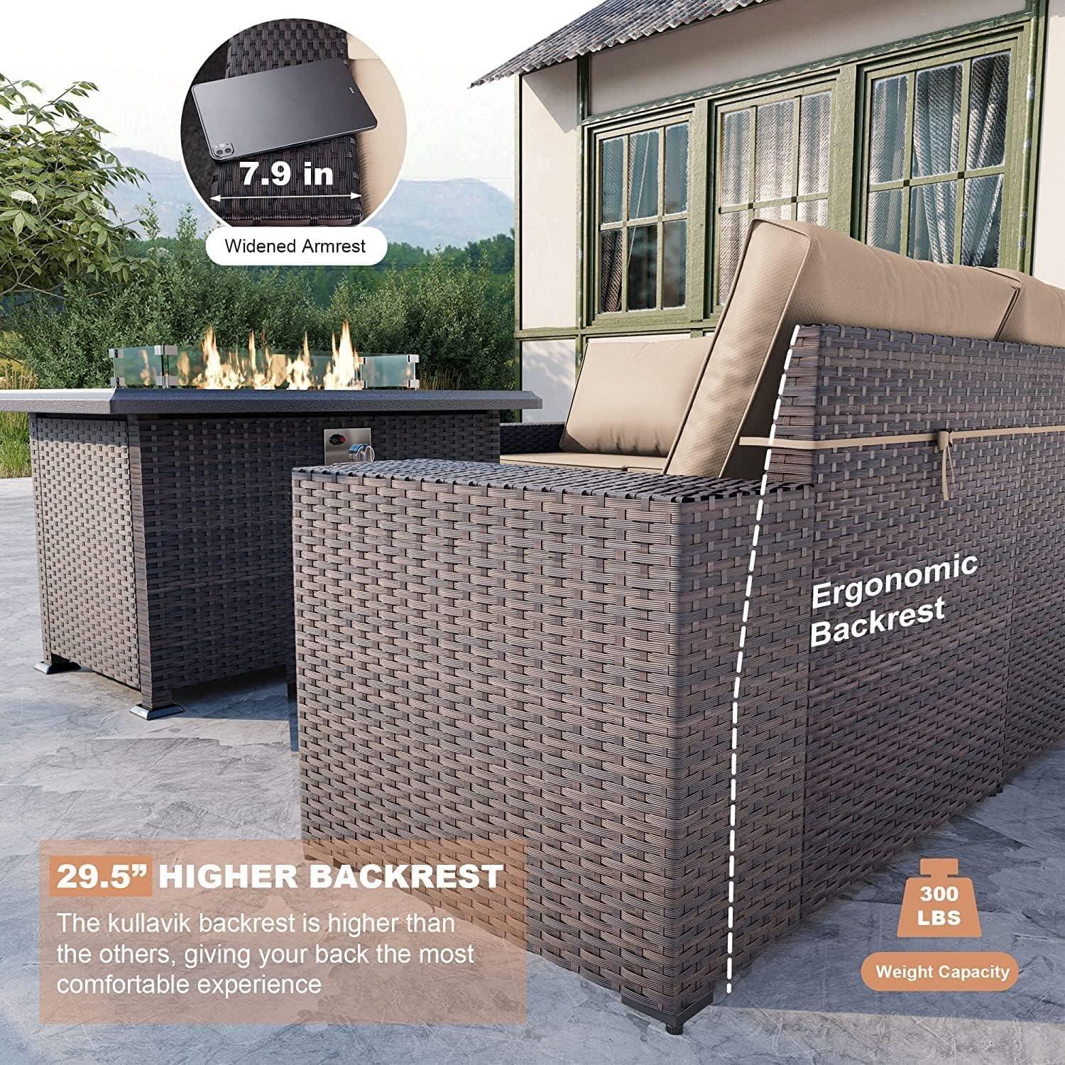 7-Piece Brown Wicker Patio Set with Sand Cushions and Fire Pit