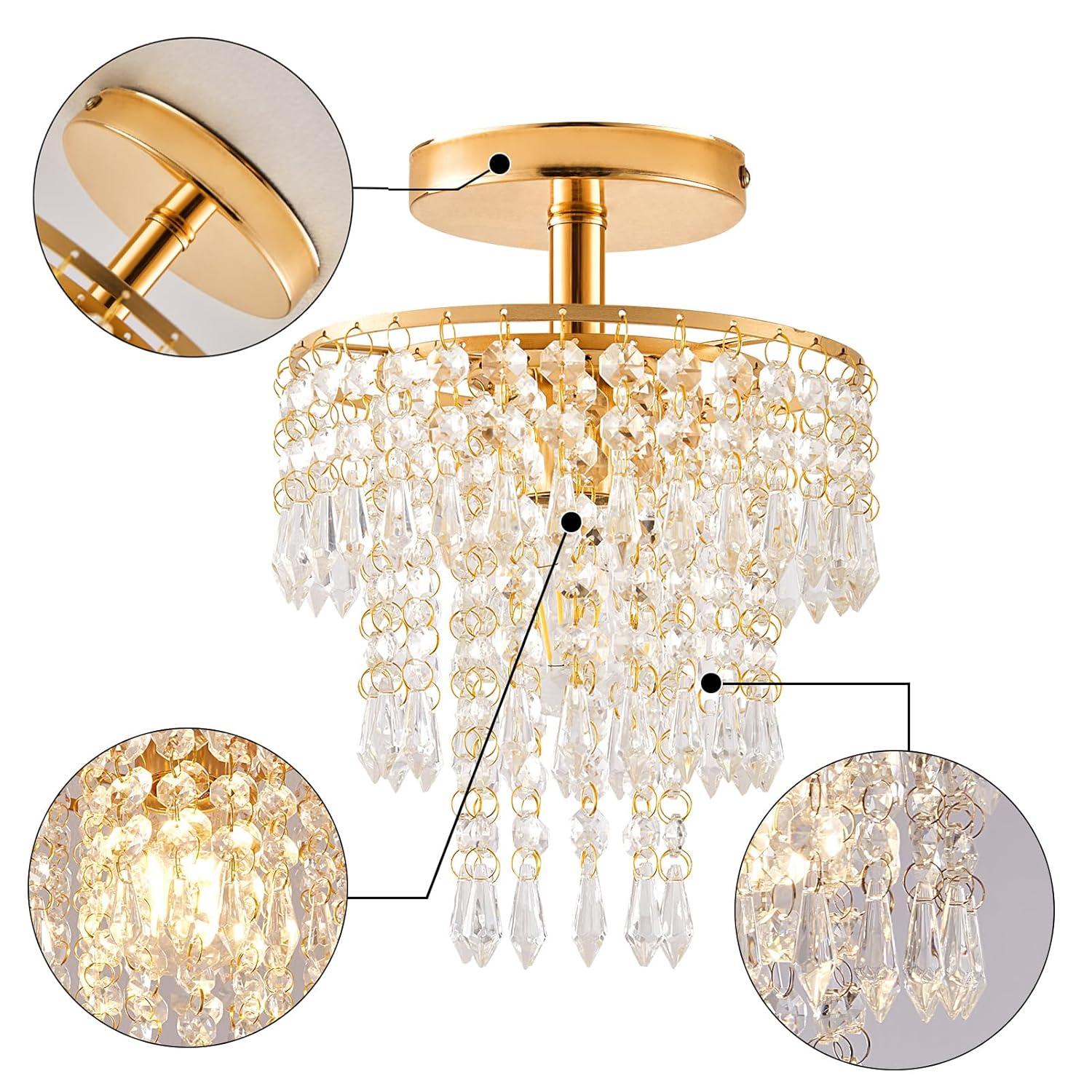 Modern Mini Crystal Chandelier, 3-Tier Raindrops Design Small Chandelier Light Fixture, Flush Mount Ceiling Light Fixture for Bedroom, Hallway, Living Room - E26 Base, Chandelier for Bedroom (Gold)