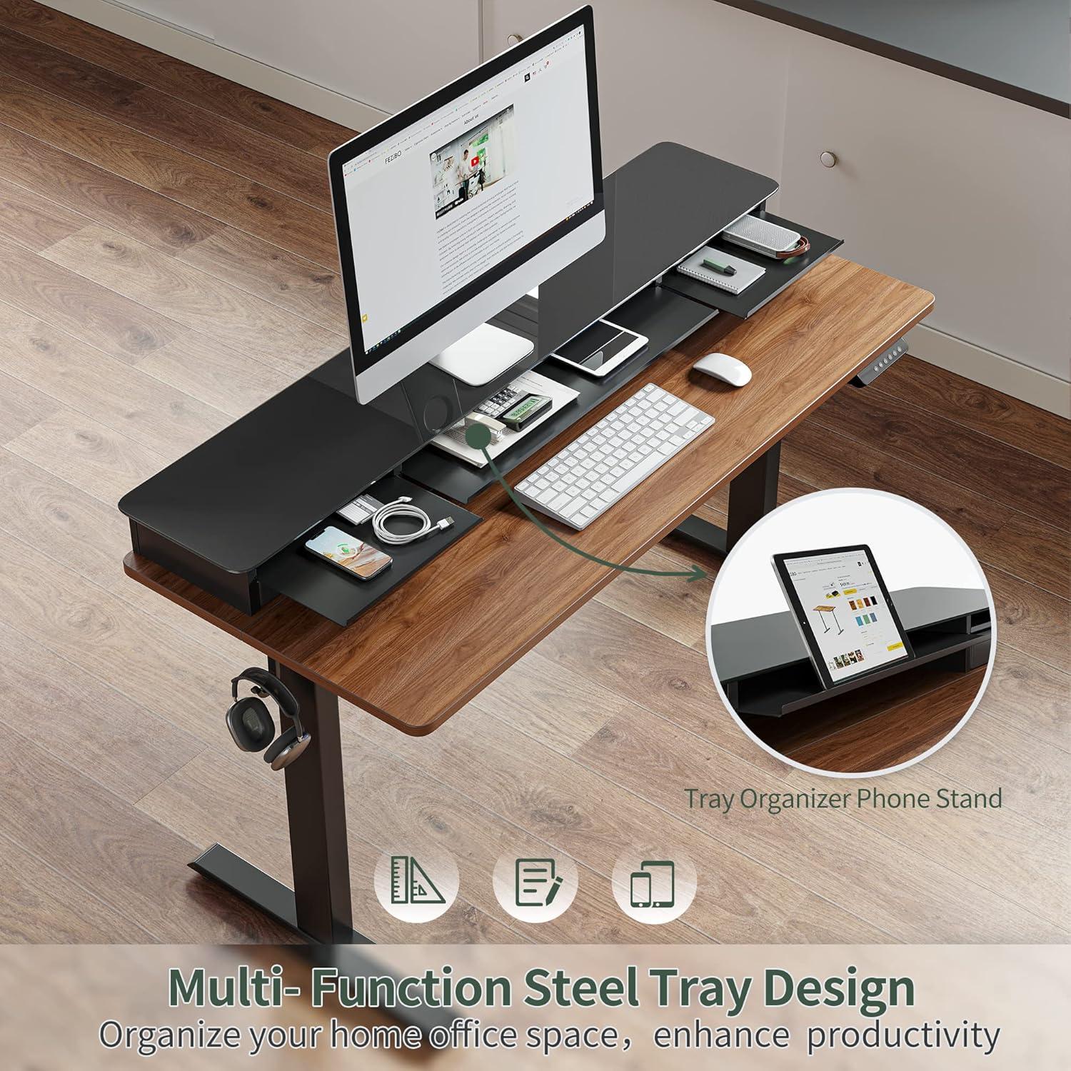 FEZIBO 55 x 24 Inch Height Adjustable Electric Standing Desk with Double Drawer, Sit Stand Desk, Black Walnut