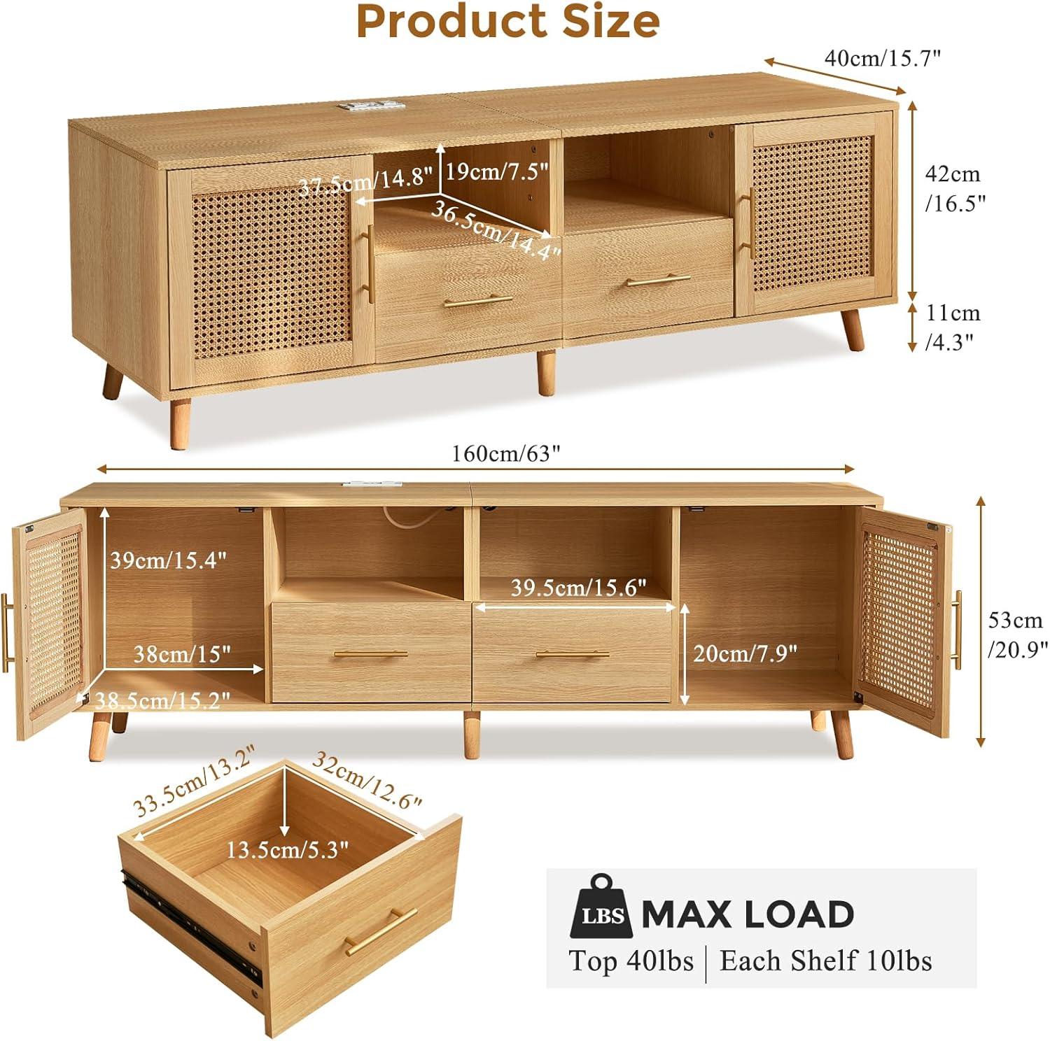 Bay Isle Home™ Heyer Large Wood Rattan TV Stand for TVs up to 75" with LED Light and Charging Station, Coastal Media Console Table, Multimedia Storage Furniture with 2 Drawers, Lighting TV Cabinet