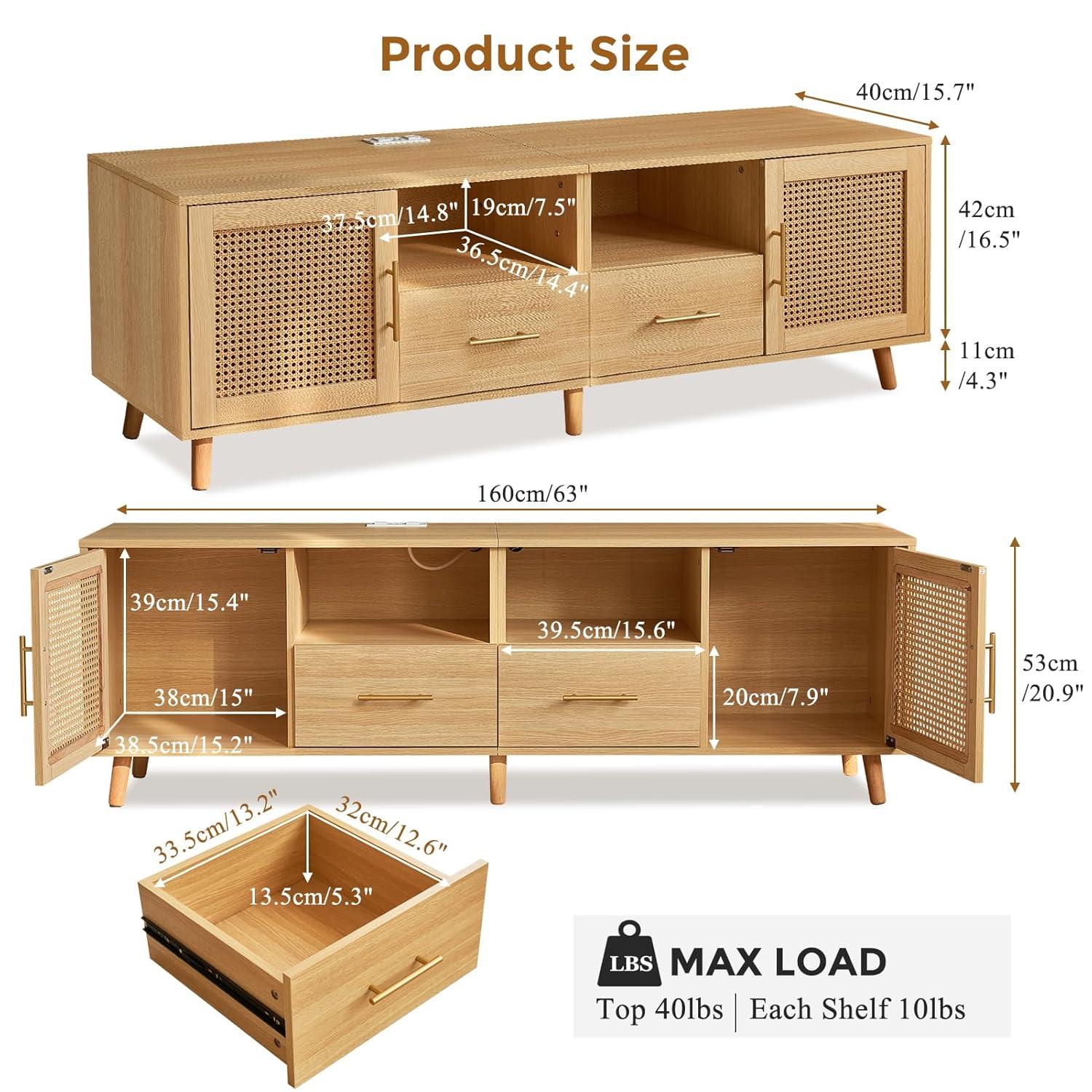 Bay Isle Home™ Heyer Large Wood Rattan TV Stand for TVs up to 75" with LED Light and Charging Station, Coastal Media Console Table, Multimedia Storage Furniture with 2 Drawers, Lighting TV Cabinet