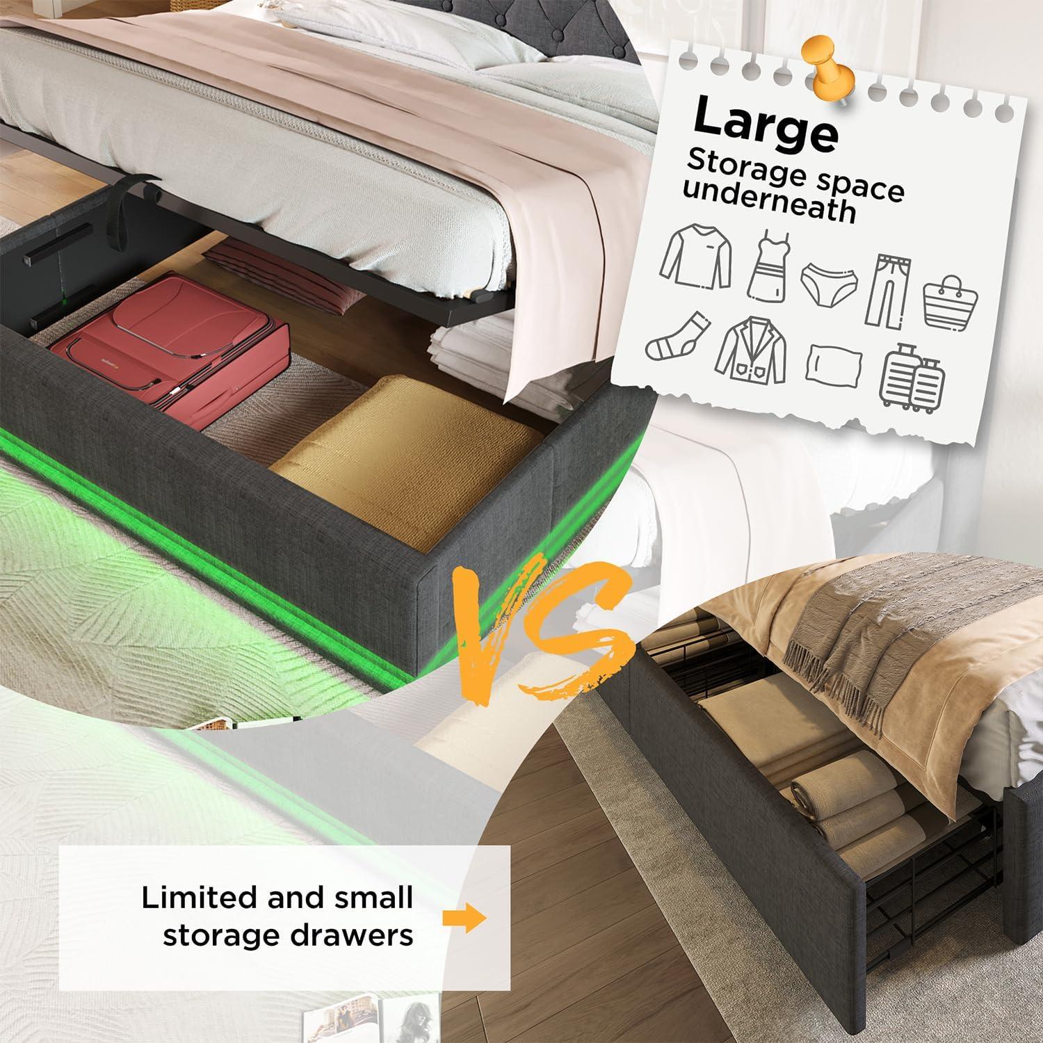 King Size Lift up Storage Platform Bed with 360 Degree Surround LED Light, Bedroom Upholstered Hydraulic Smart Bed Frame, No Noise, No Spring Mattress Required, Easy to Assemble (Gray, King)