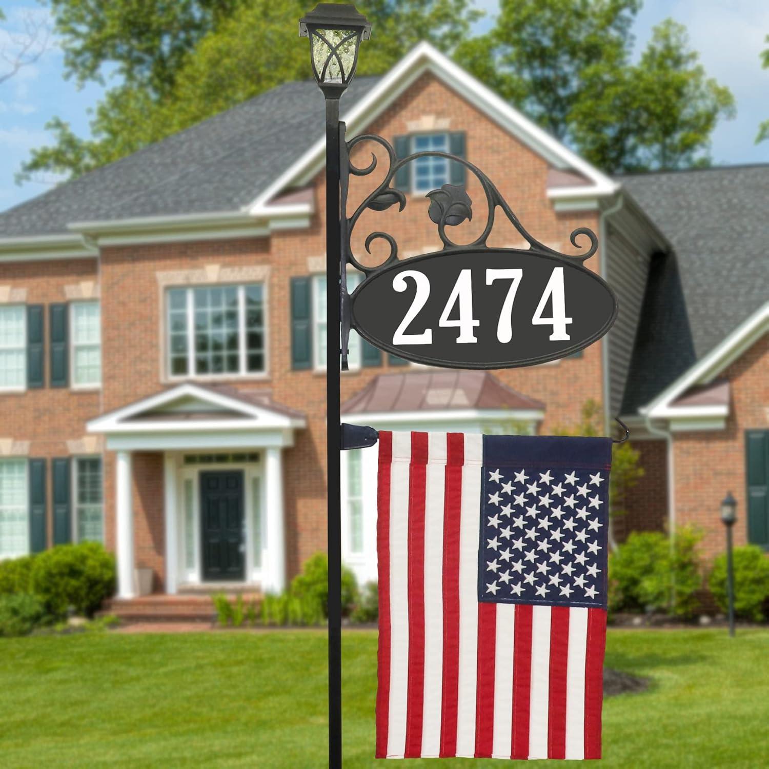 Address America USA Handcrafted, Double-Sided Park Place Oval Address Sign with American Flag and Solar Light - 58" Pole