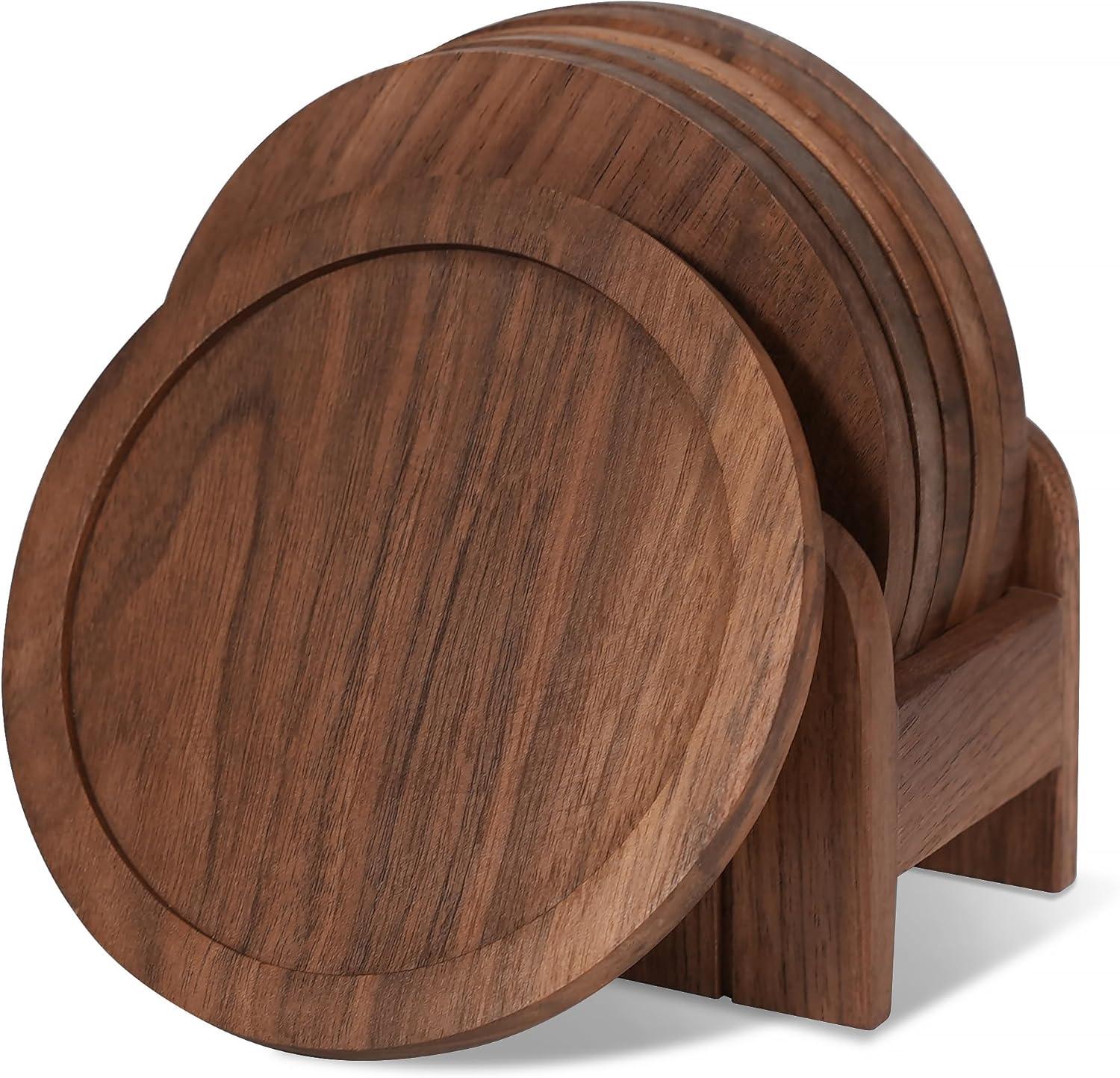 CONSDAN Cup Coasters, USA Grown Hardwood, Wooden Cup Coasters Set, Walnut Color 6 Pcs a set