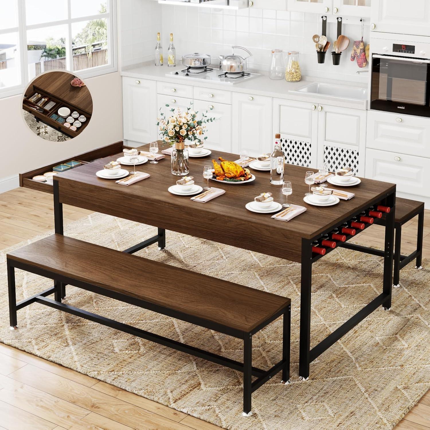 17 Stories Zubie 63"Dining Table Set for 4-6, 3-Piece Kitchen Table with 2 Utensil Drawers,2 Benches&Wine Rack