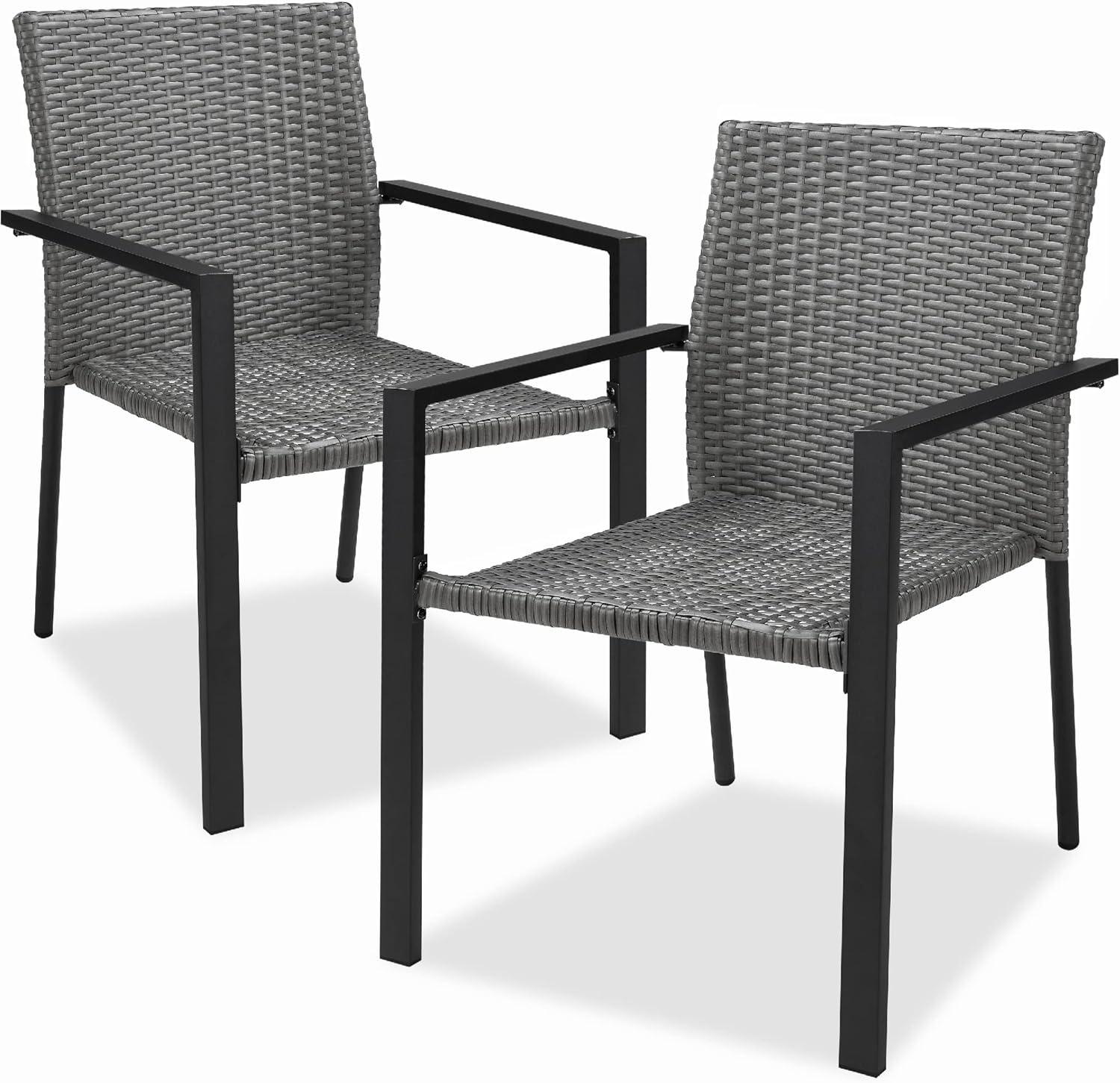 Set of 2 Gray Wicker Stackable Outdoor Dining Chairs with Armrests