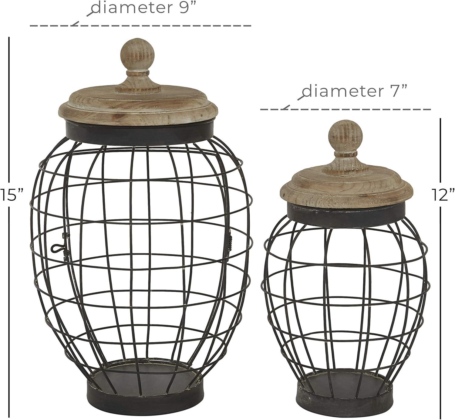 DecMode 12", 15"H Black Metal Caged Style Decorative Jars with Wood Lids, 2-Pieces