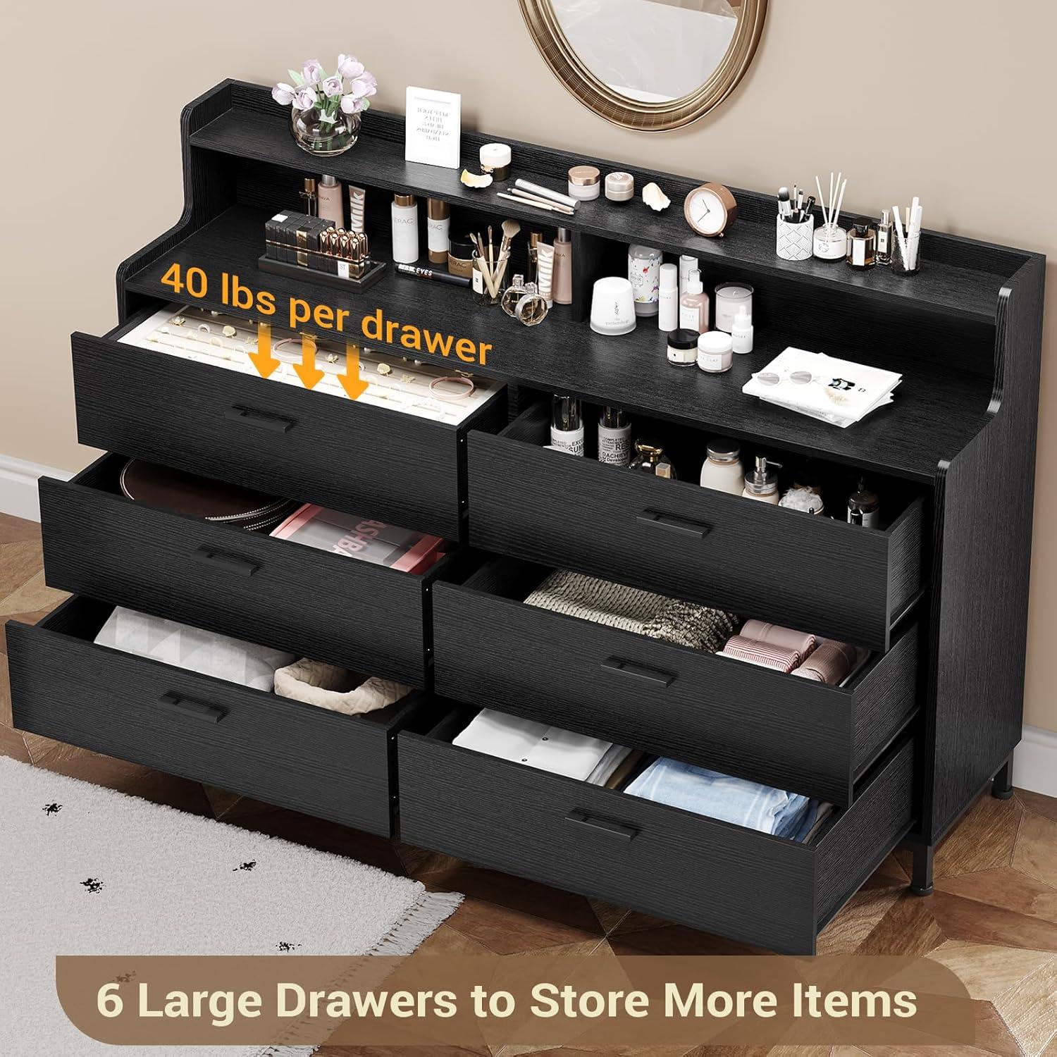 Afuhokles 6 Drawers Double Dresser with Shelves, Large Wooden Storage Tower Organizer, Wide Chest of Drawers, Black Dresser for Bedroom