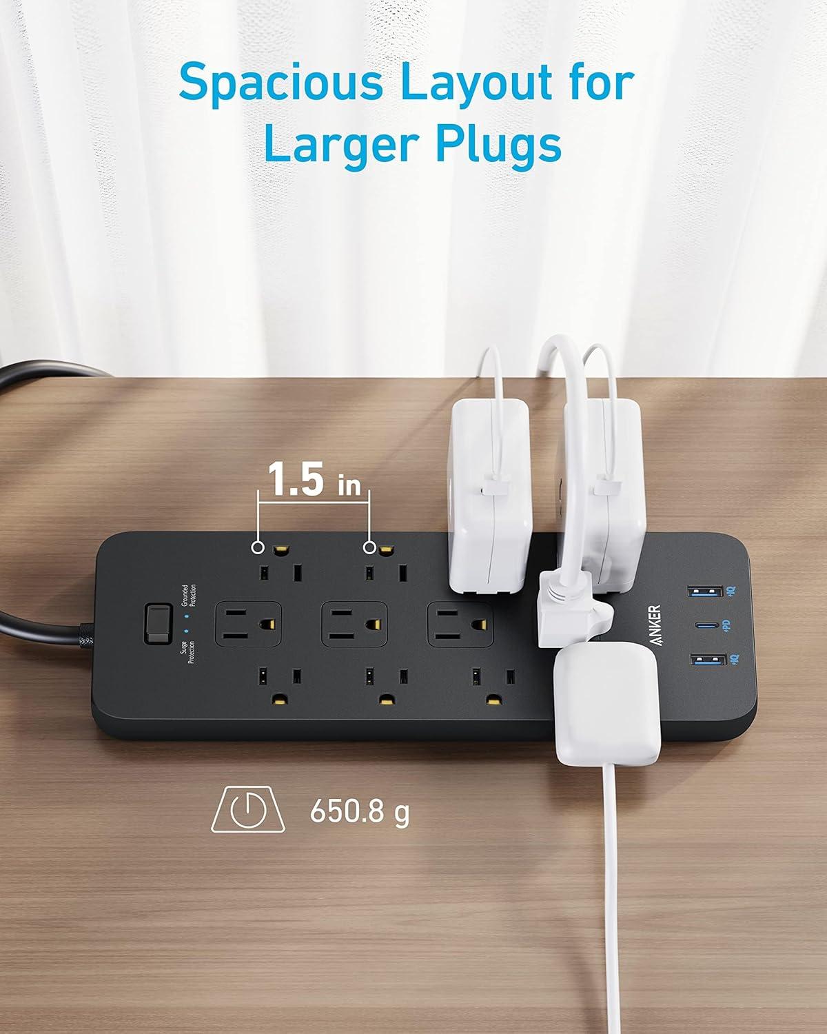 2 Pack Surge Protector Power Strip (2100J), Anker 12 Outlets with 1 USB C and 2 USB Ports for iPhone 15/15 Plus/15 Pro/15 Pro Max, 5ft Extension Cord, Flat Plug, 20W for Home,Office,TUV Listed